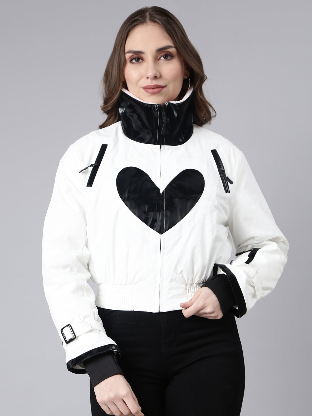 Women Solid White Crop Puffer Jacket