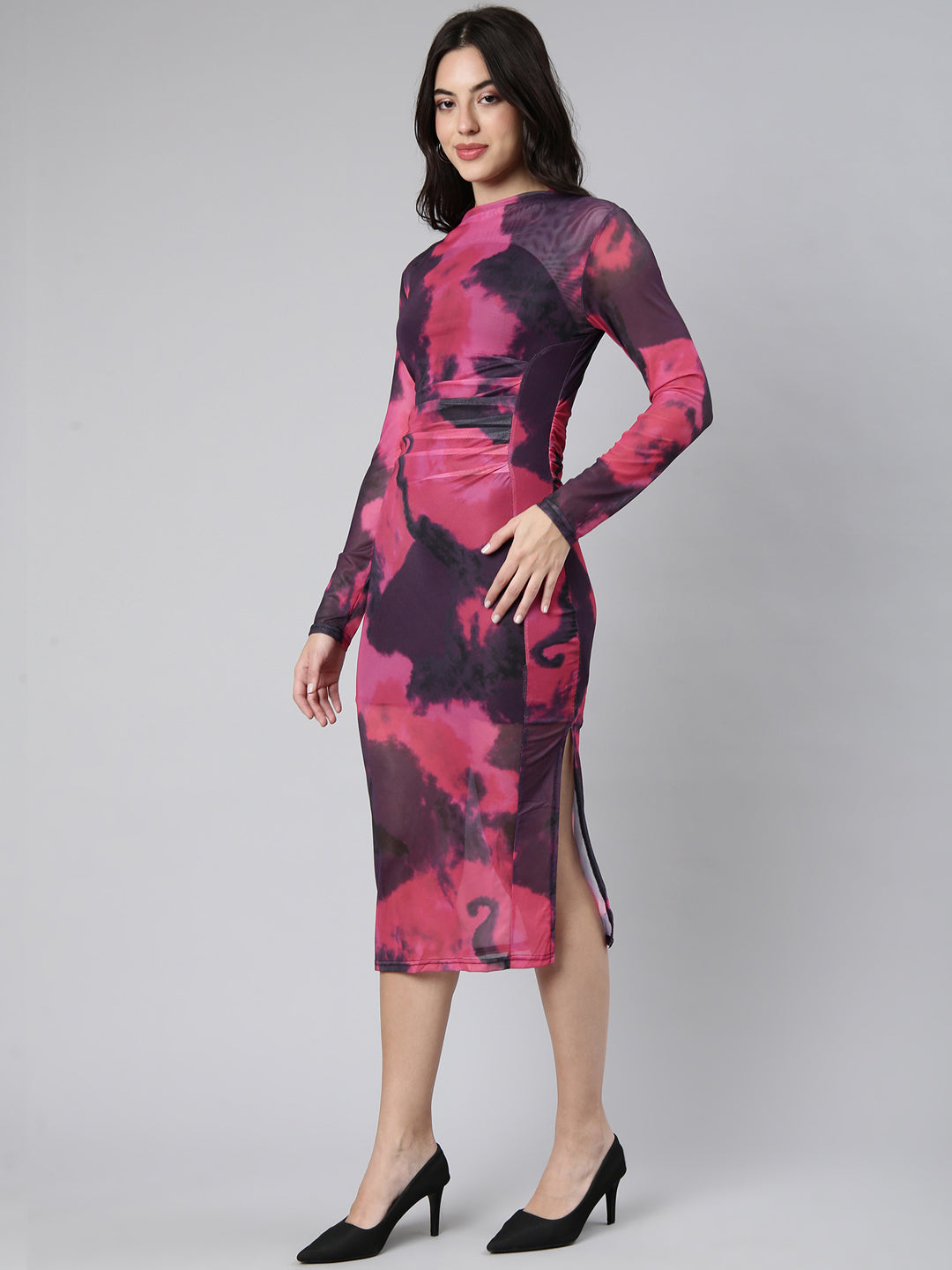 Women's Pink Dyed Net Midi Bodycon Dress