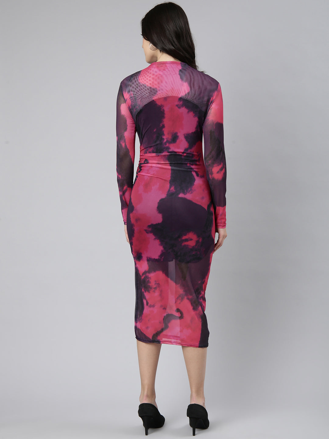 Women's Pink Dyed Net Midi Bodycon Dress