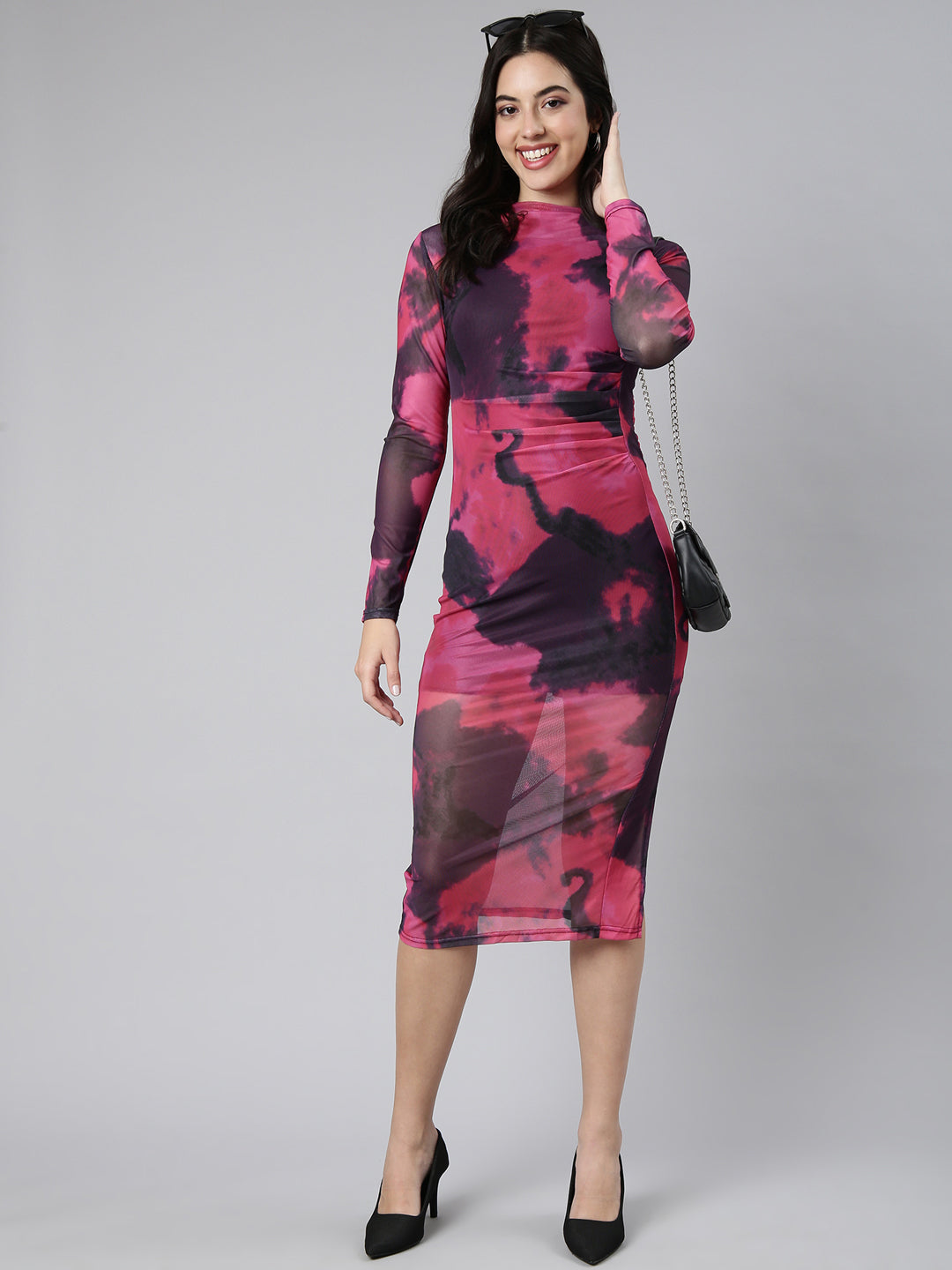 Women's Pink Dyed Net Midi Bodycon Dress