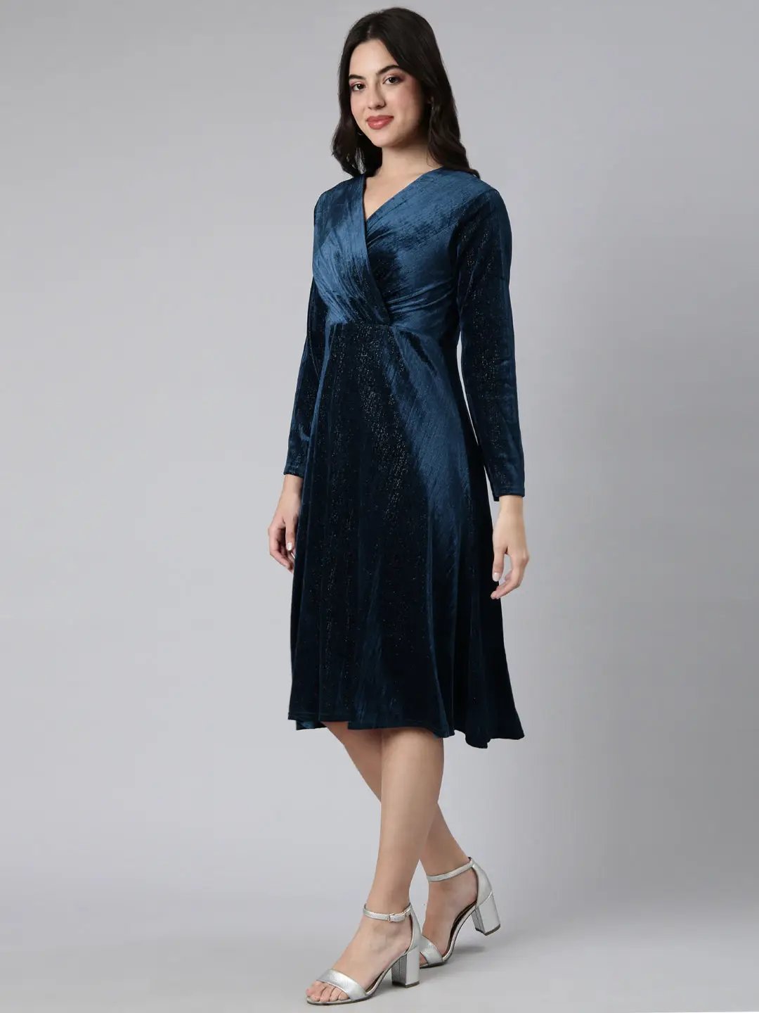 Women's Solid Teal A-Line Dress
