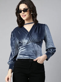 Women's Blue Velvet Wrap Top