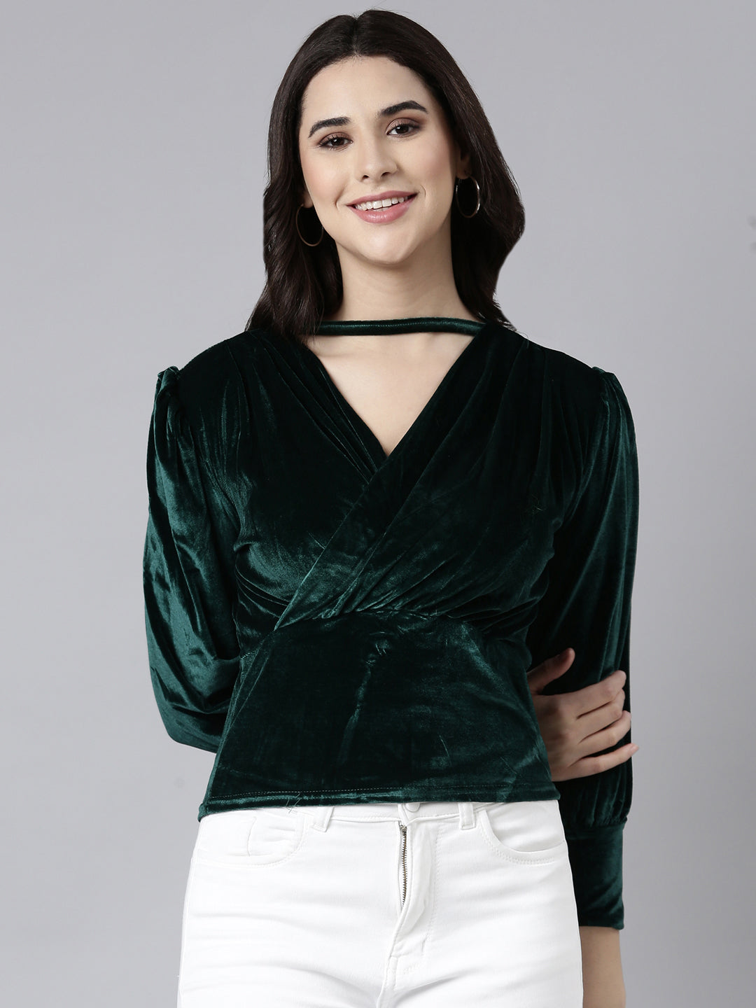 Women Solid Green Empire Top