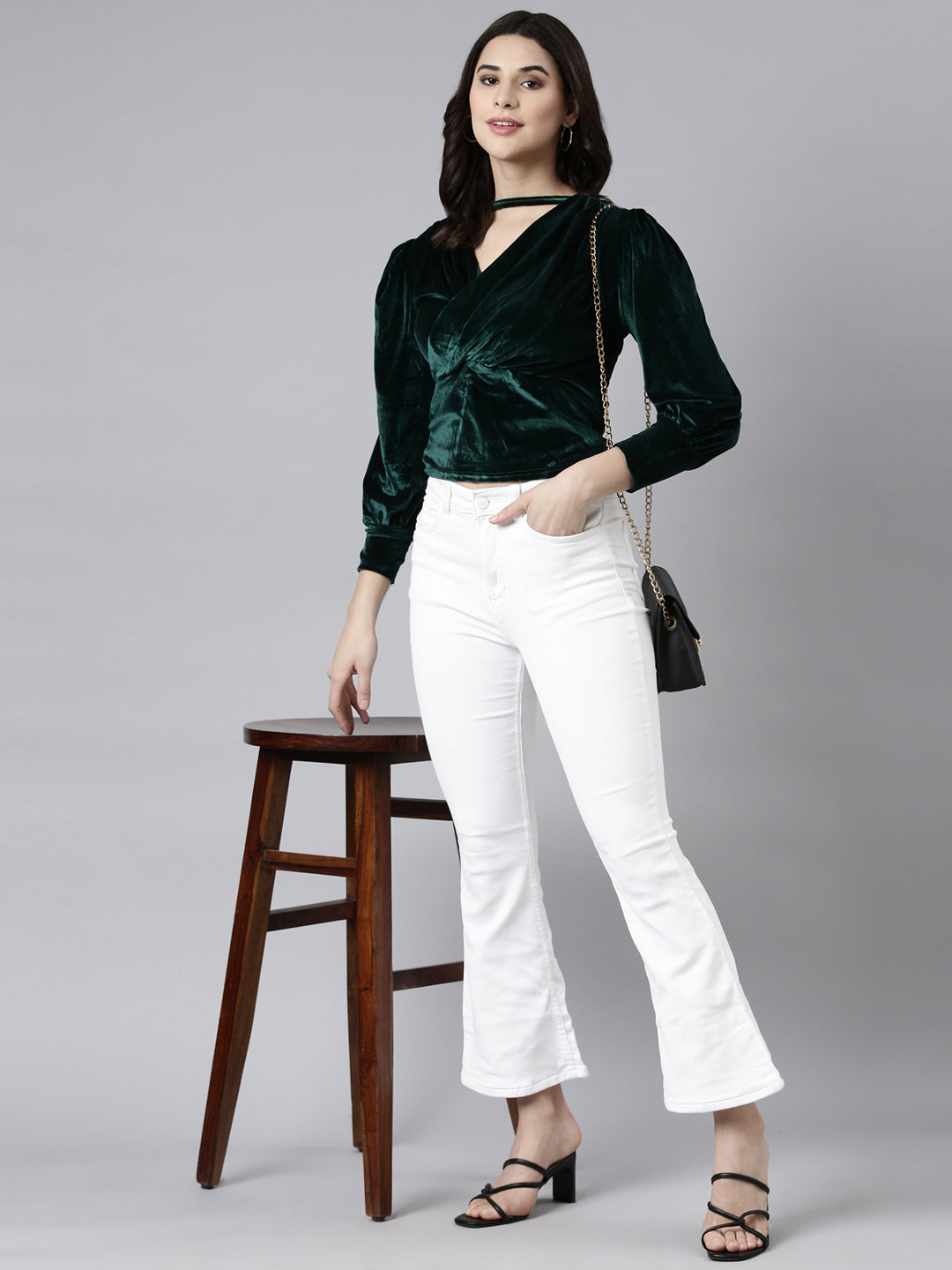 Women Solid Green Empire Top