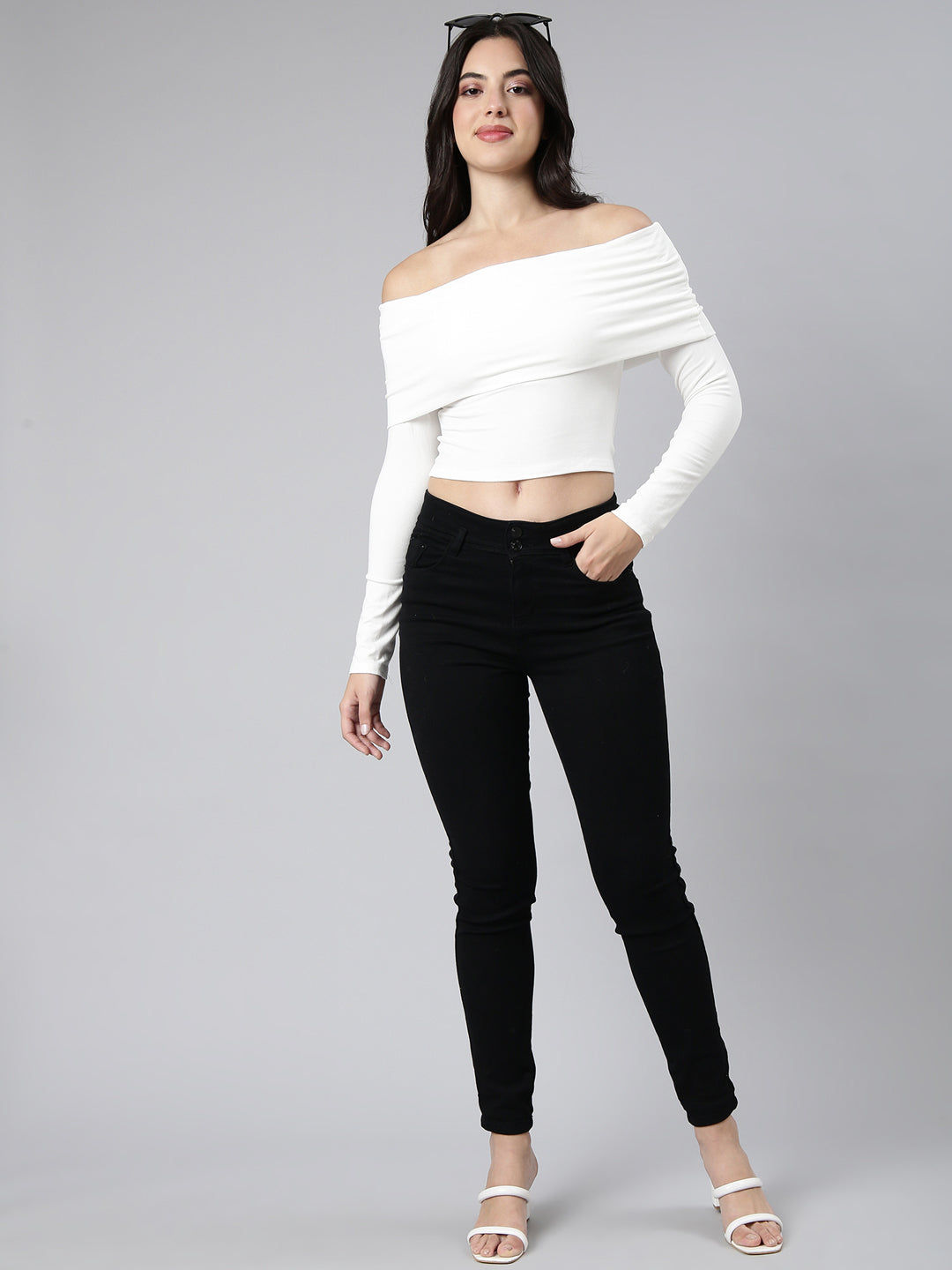 Women Solid Off White Crop Top