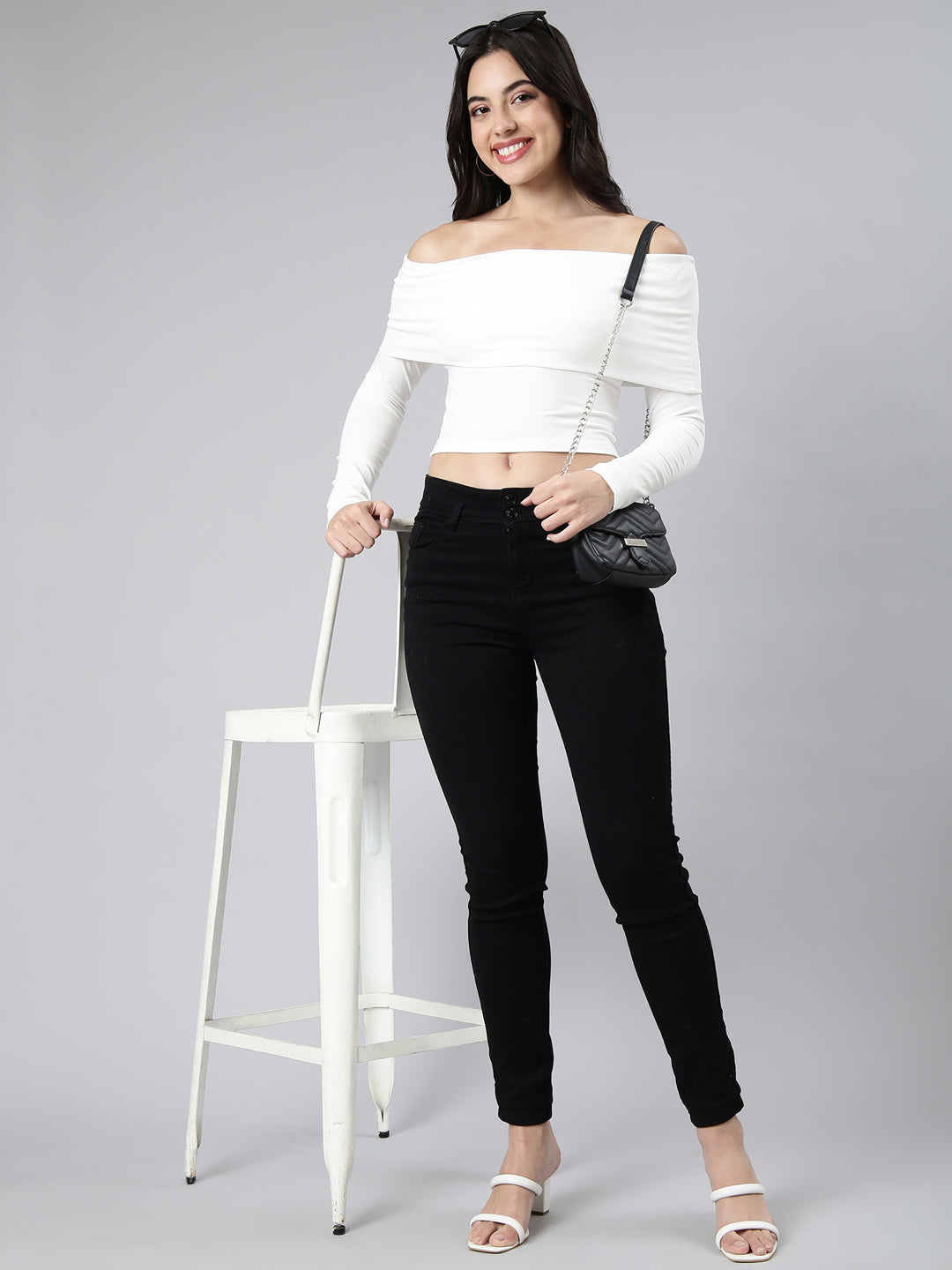 Women Solid Off White Crop Top