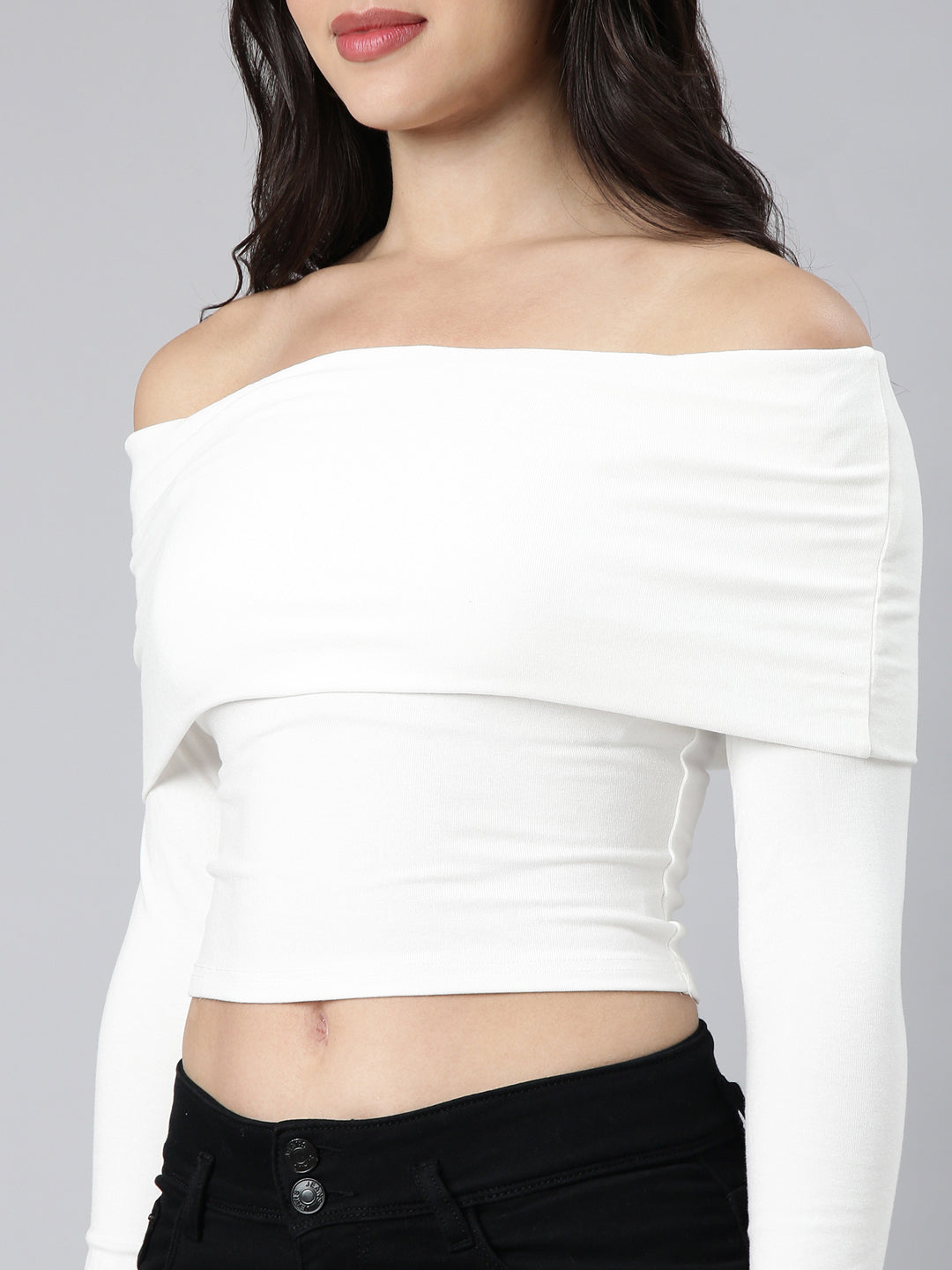 Women Solid Off White Crop Top