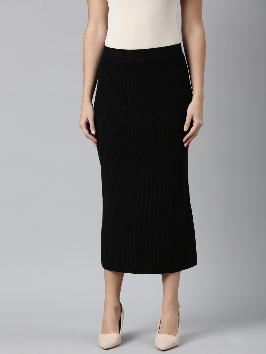 Women Self Design Black Straight Midi Skirt