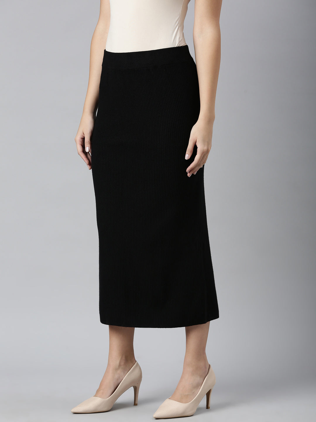 Women Self Design Black Straight Midi Skirt