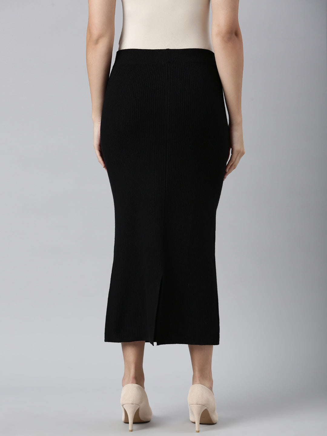 Women Self Design Black Straight Midi Skirt