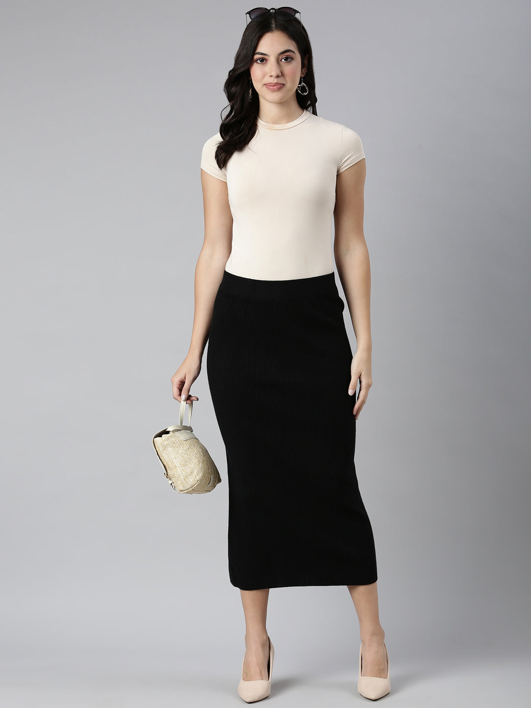 Women Self Design Black Straight Midi Skirt