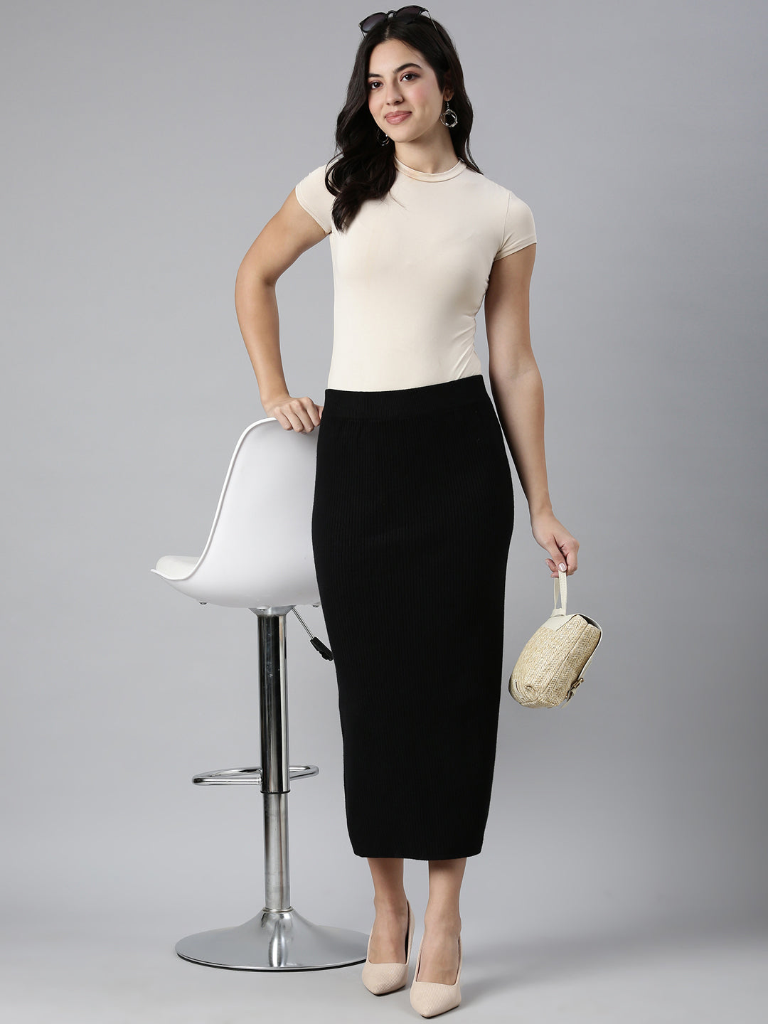 Women Self Design Black Straight Midi Skirt