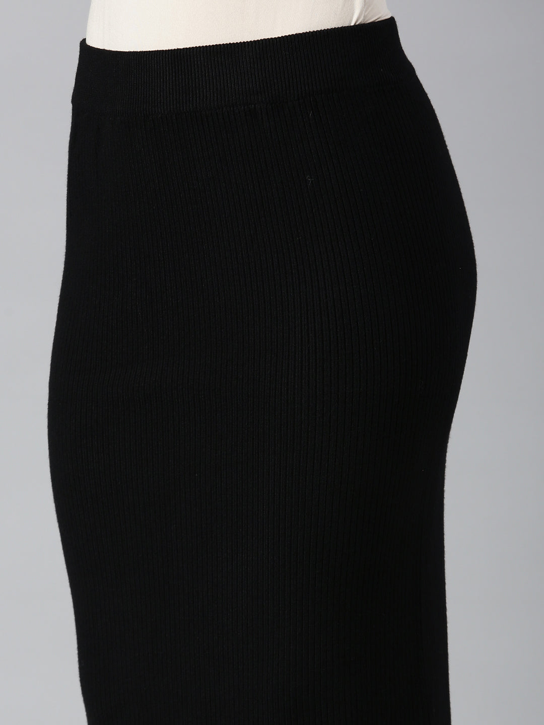 Women Self Design Black Straight Midi Skirt