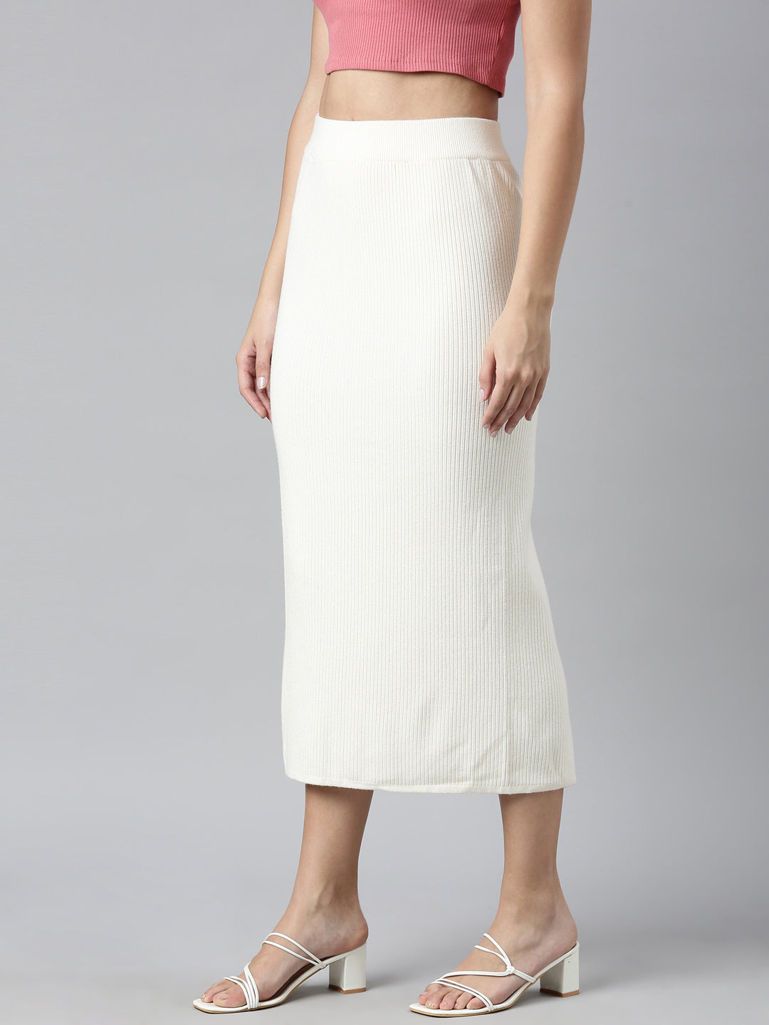 Women Self Design Cream Straight Midi Skirt