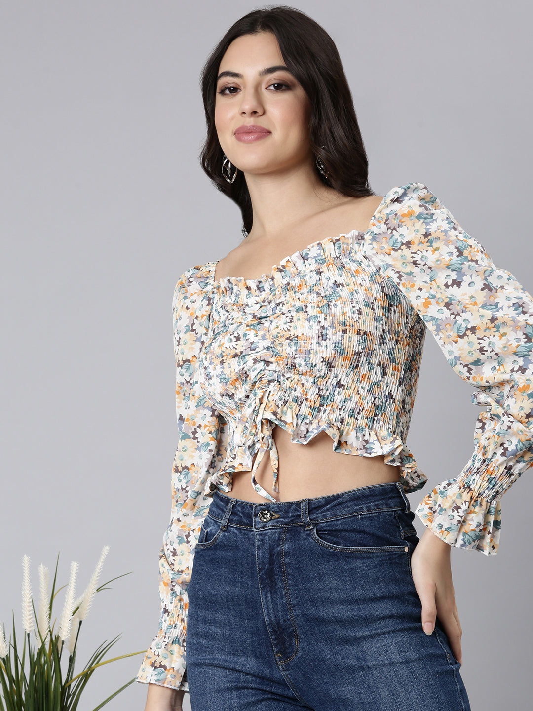 Women Floral Off White Crop Ruched Top