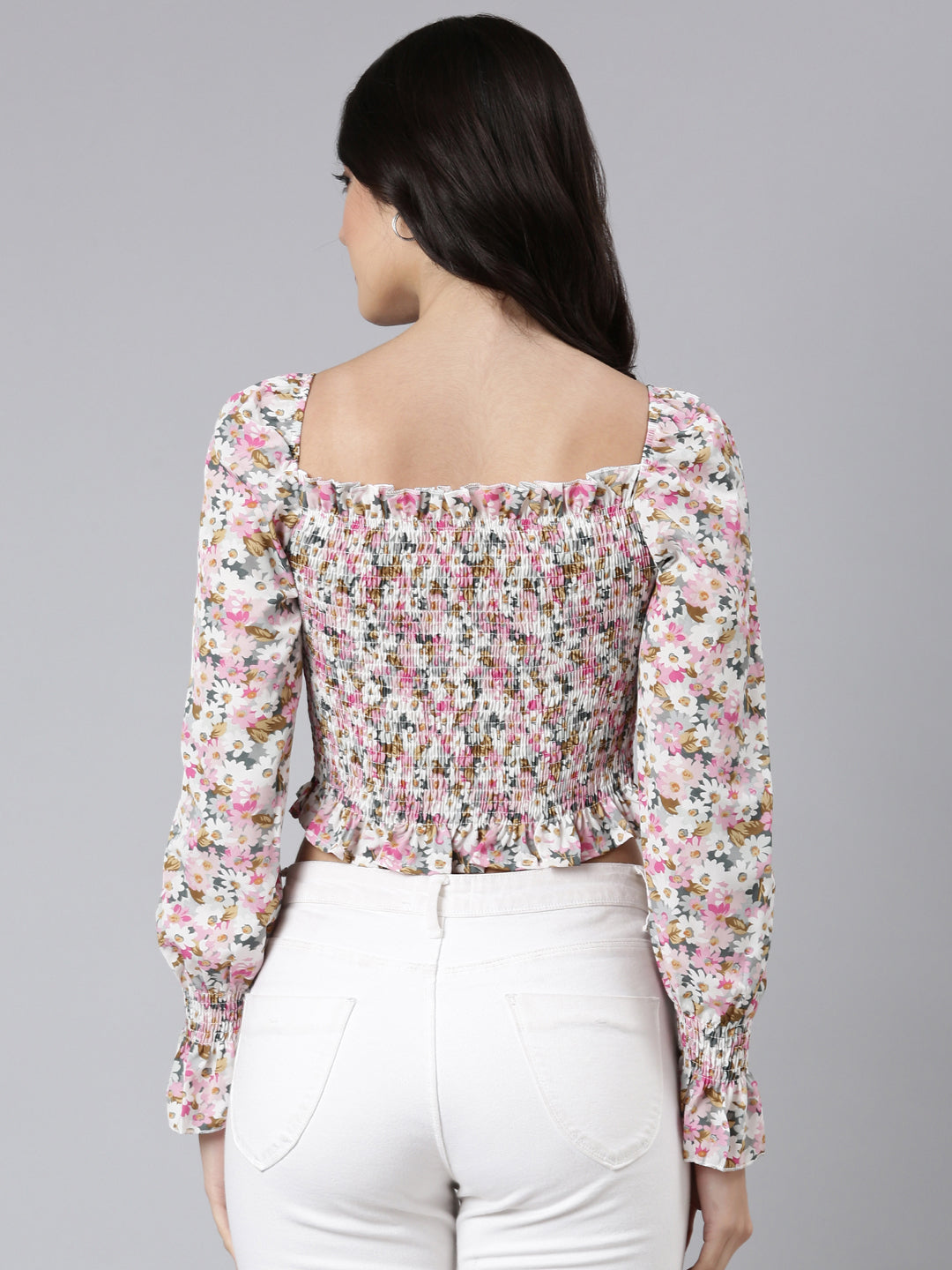 Women Floral Pink Crop Ruched Top