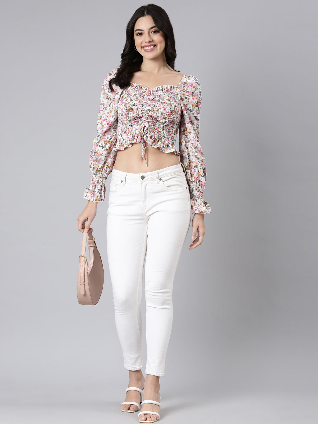 Women Floral Pink Crop Ruched Top