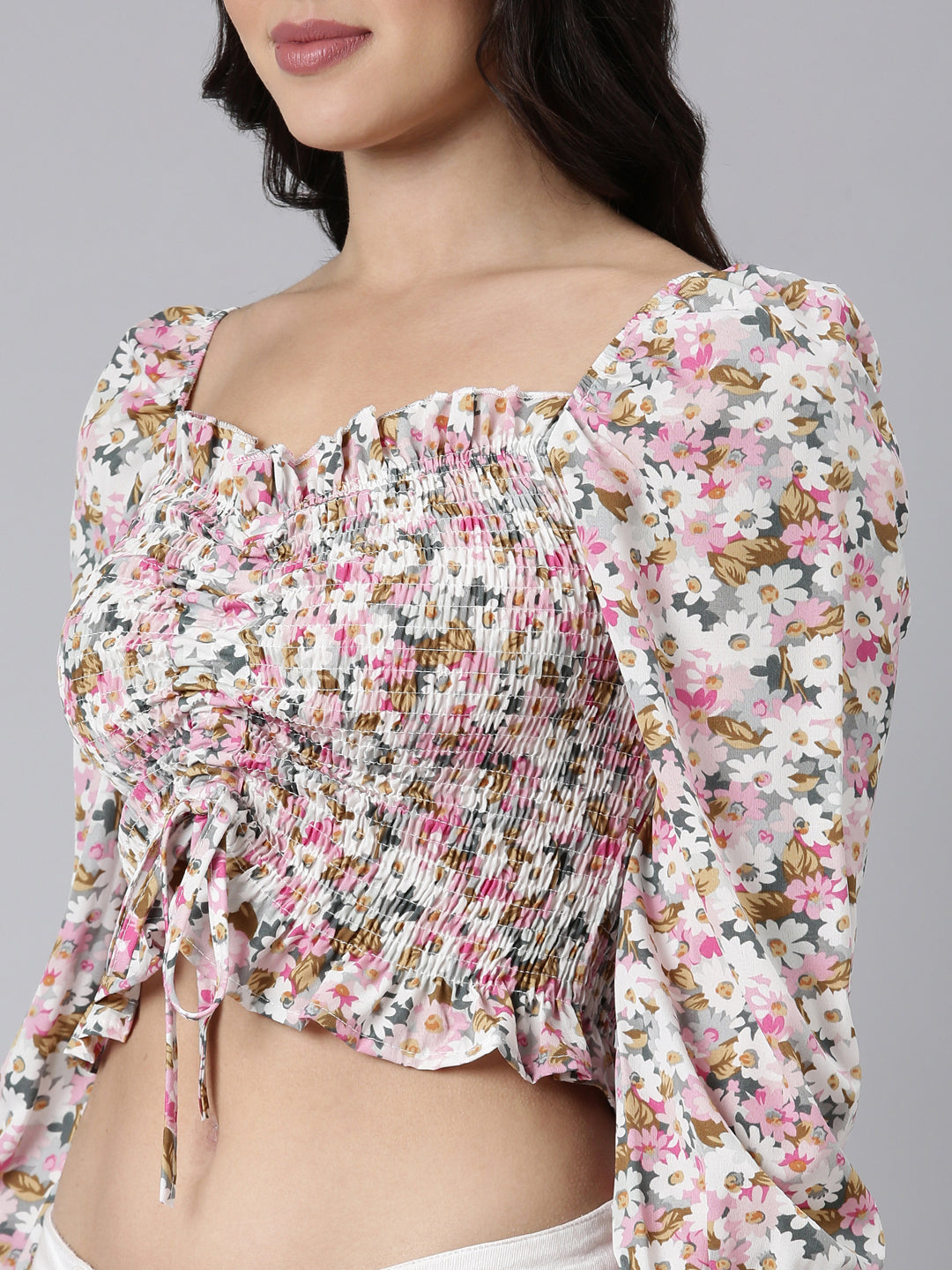 Women Floral Pink Crop Ruched Top