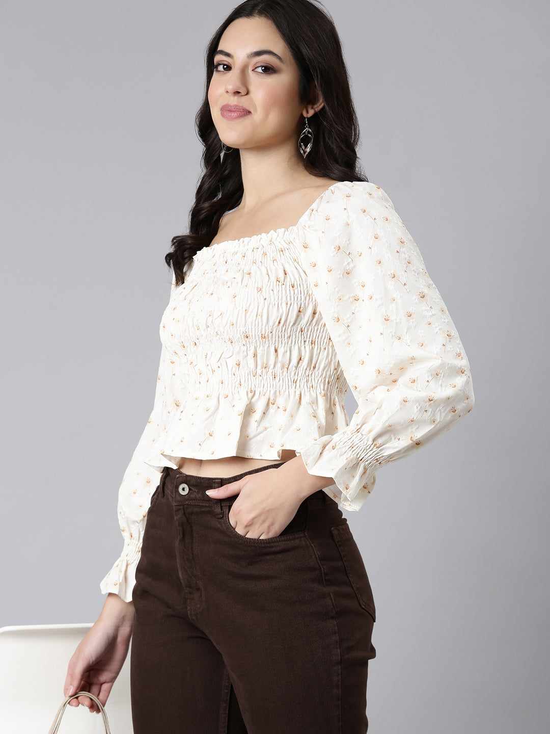 Women Floral Peplum Cream Crop Top