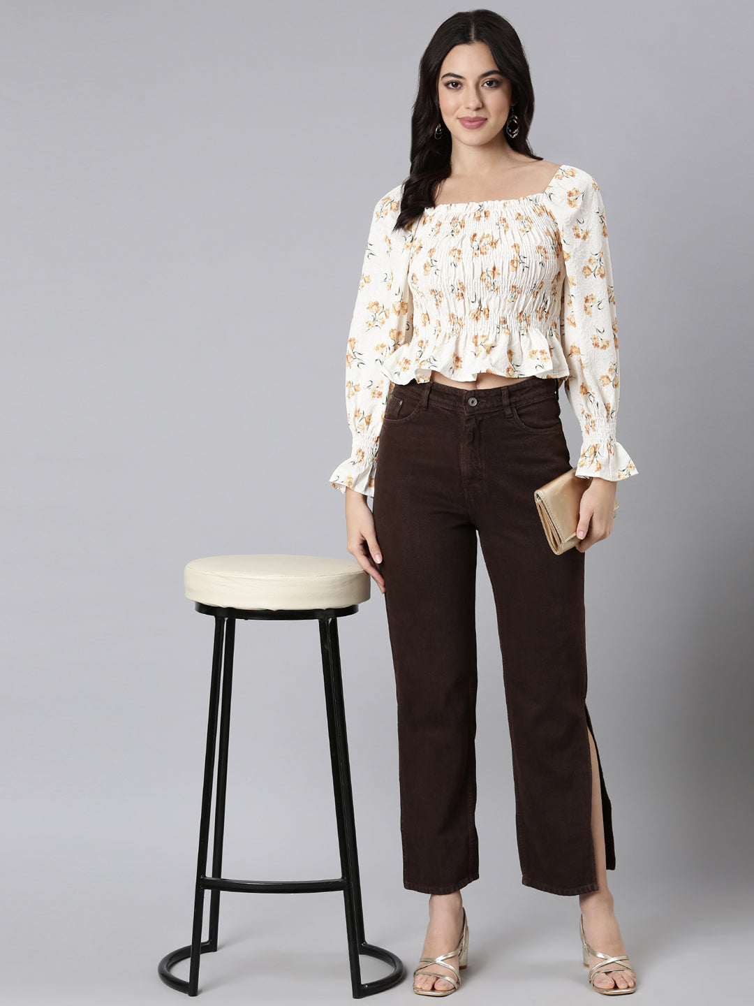 Women Floral Peplum Mustard Crop Top