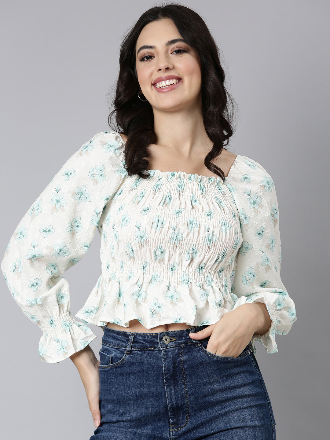 Women Floral Peplum Sea Green Crop Top