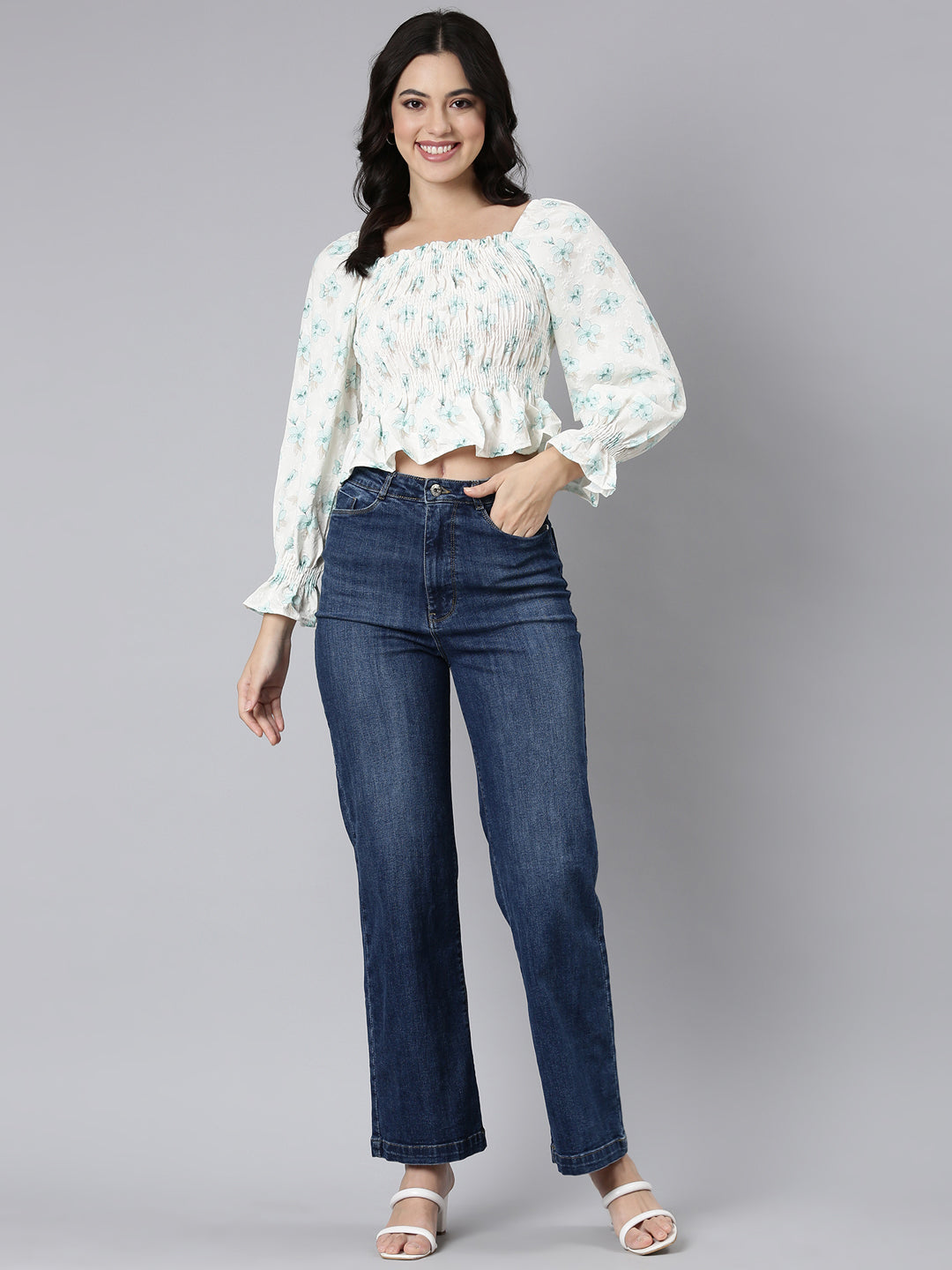 Women Floral Peplum Sea Green Crop Top