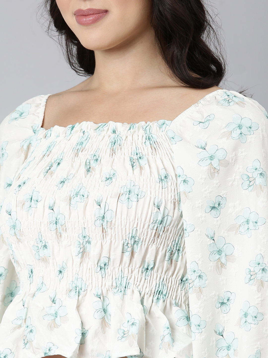 Women Floral Peplum Sea Green Crop Top