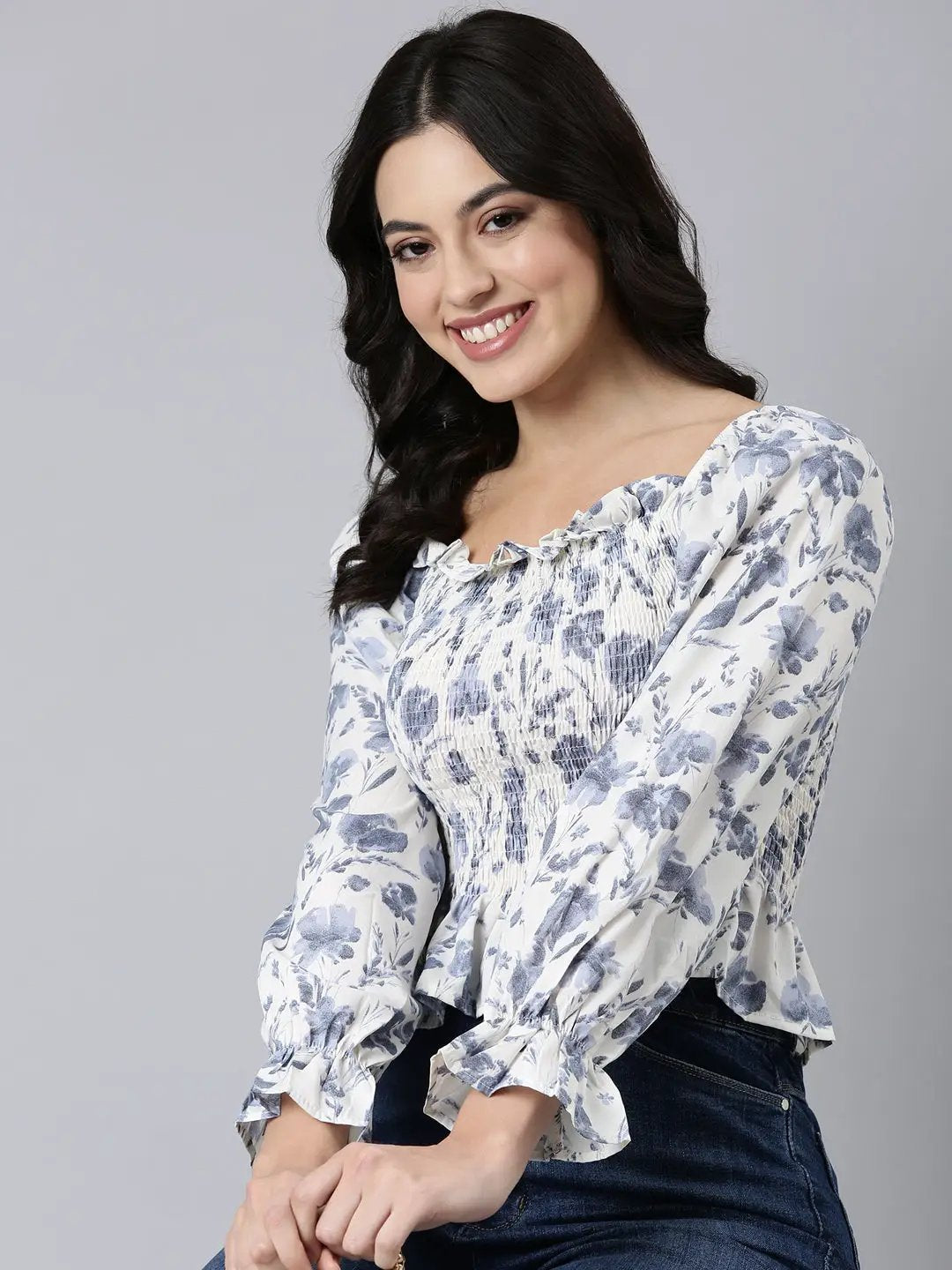 Women's Floral Peplum Cream Crop Top