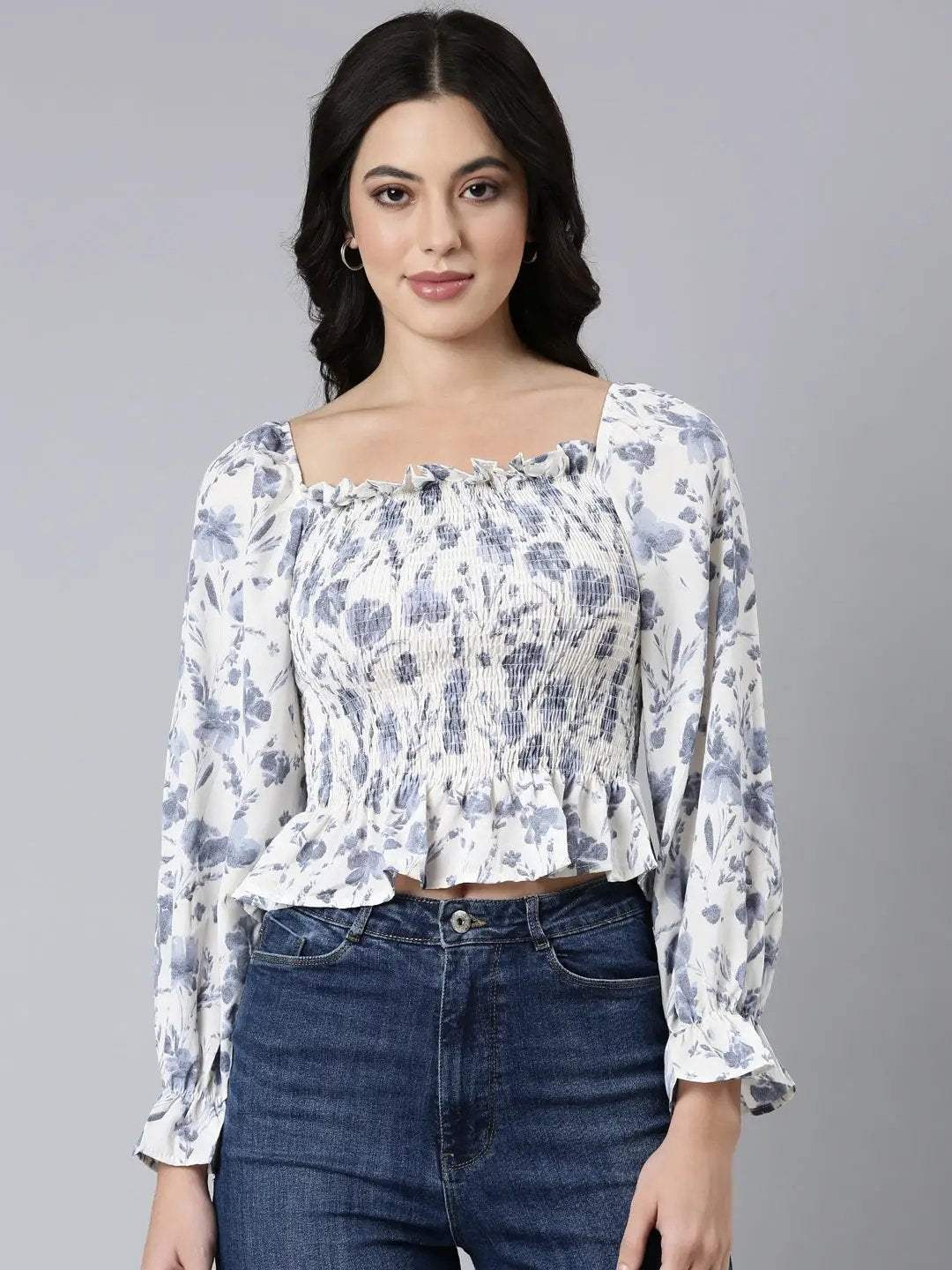 Women's Floral Peplum Cream Crop Top