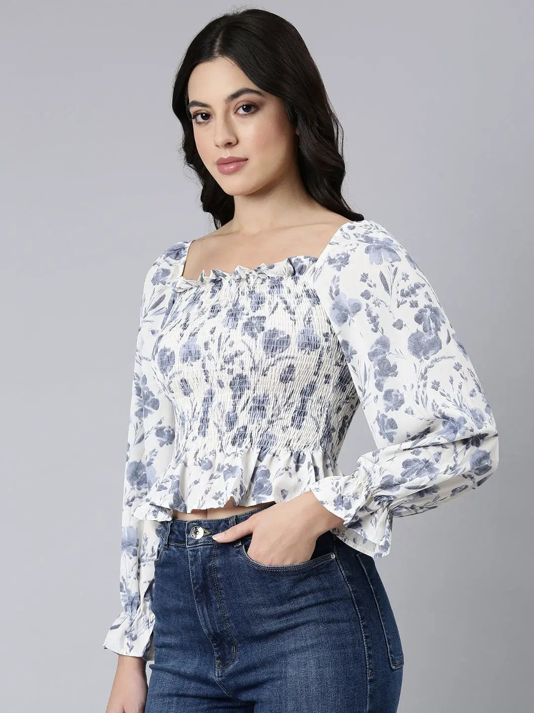 Women's Floral Peplum Cream Crop Top