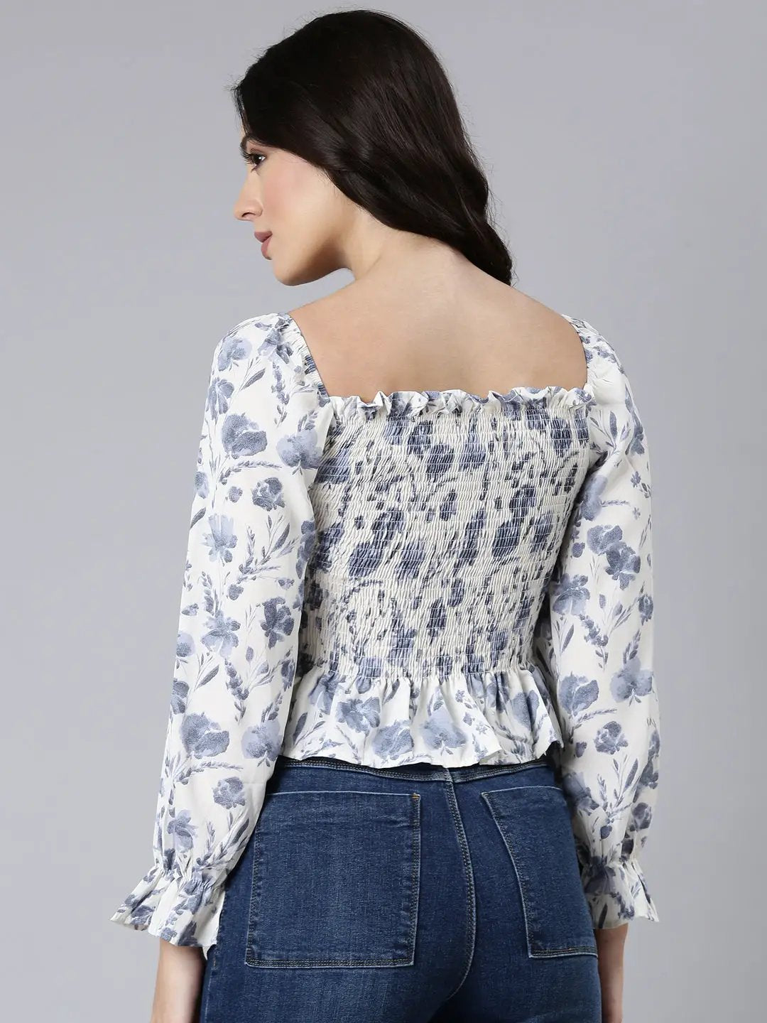 Women's Floral Peplum Cream Crop Top