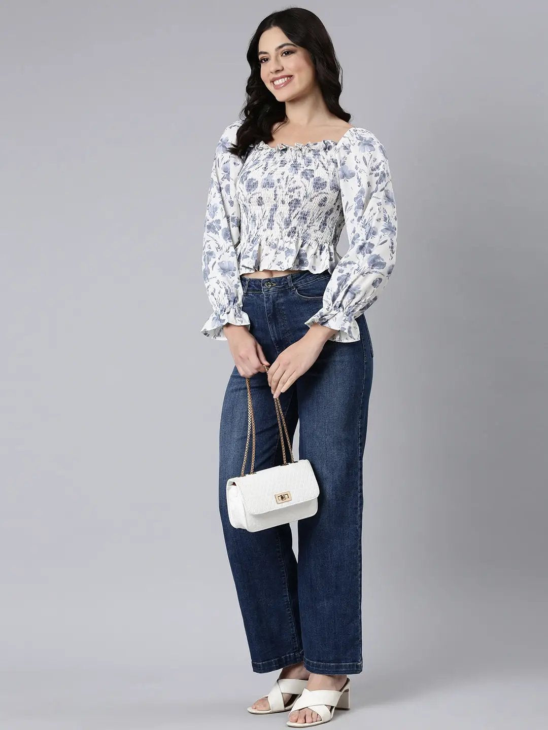 Women's Floral Peplum Cream Crop Top