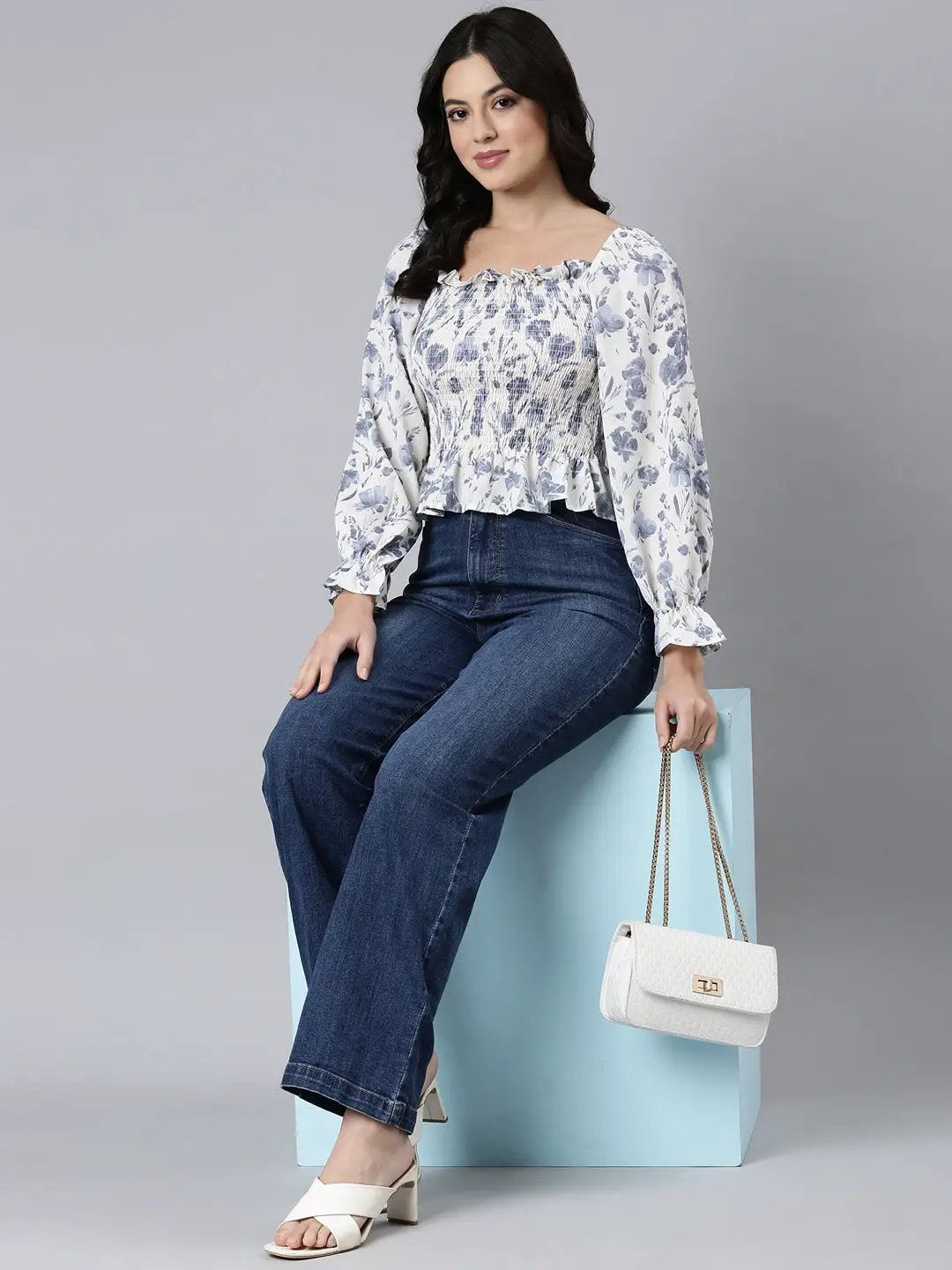 Women's Floral Peplum Cream Crop Top