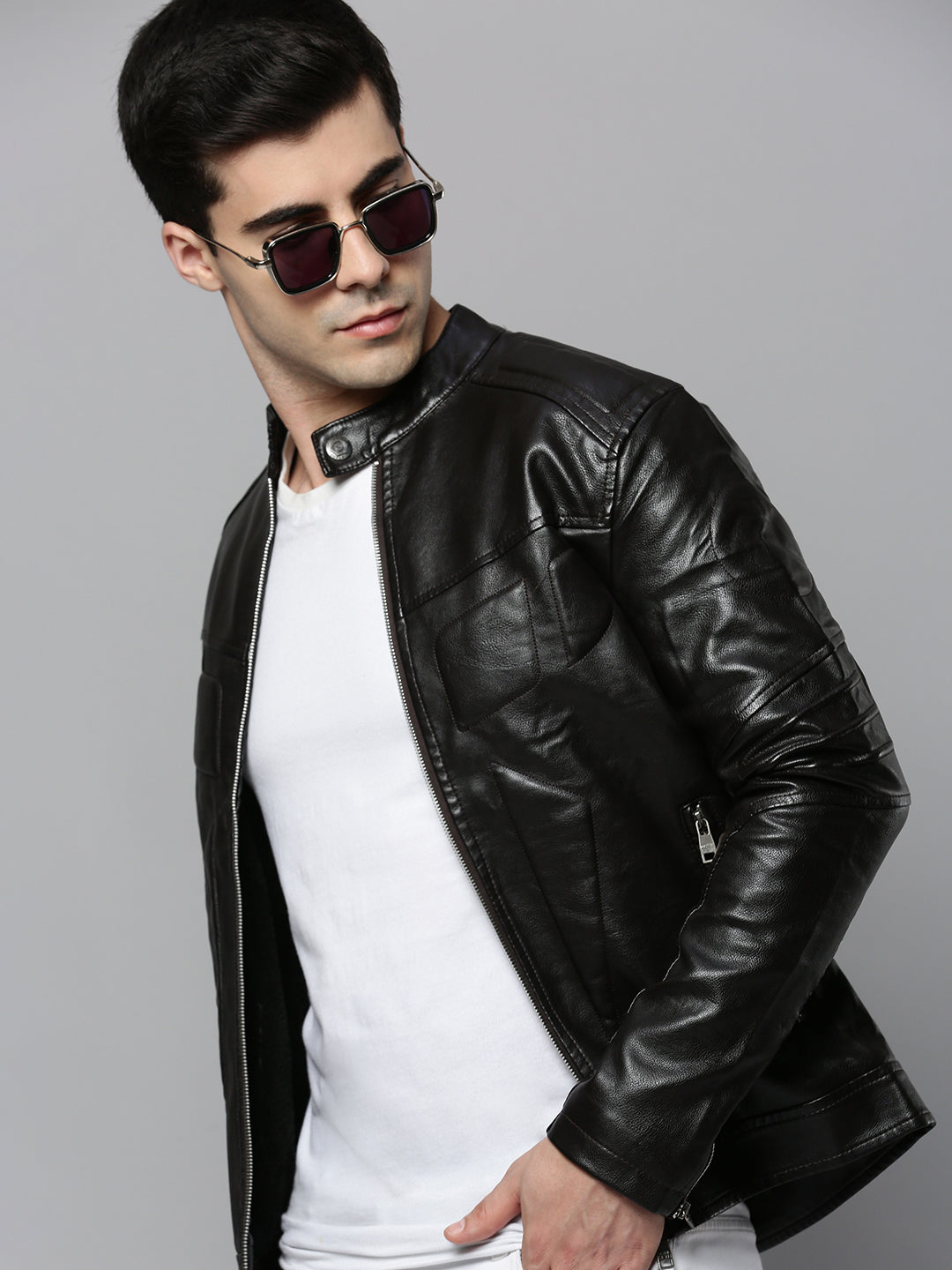 Men's Black Solid Leather Jacket