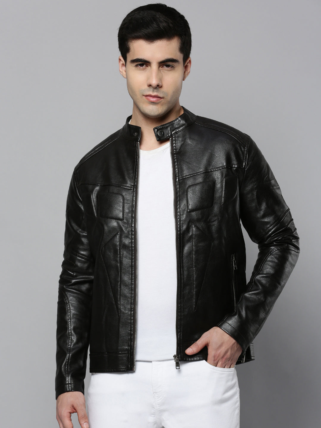 Men's Black Solid Leather Jacket