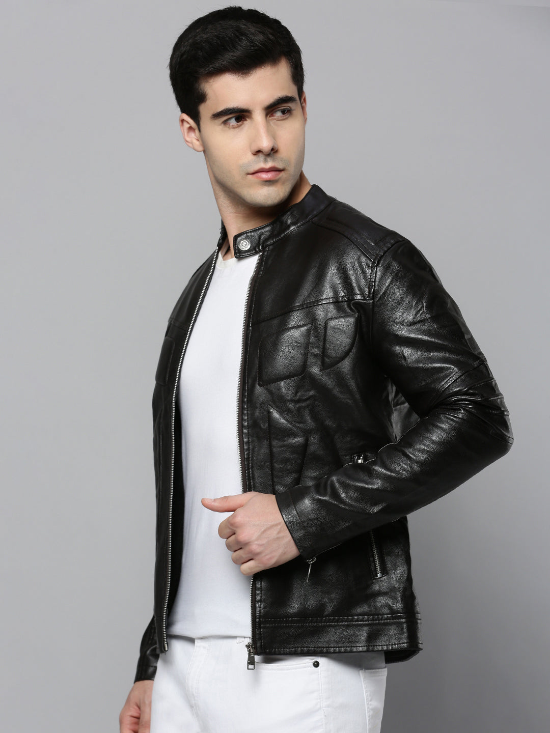 Men's Black Solid Leather Jacket