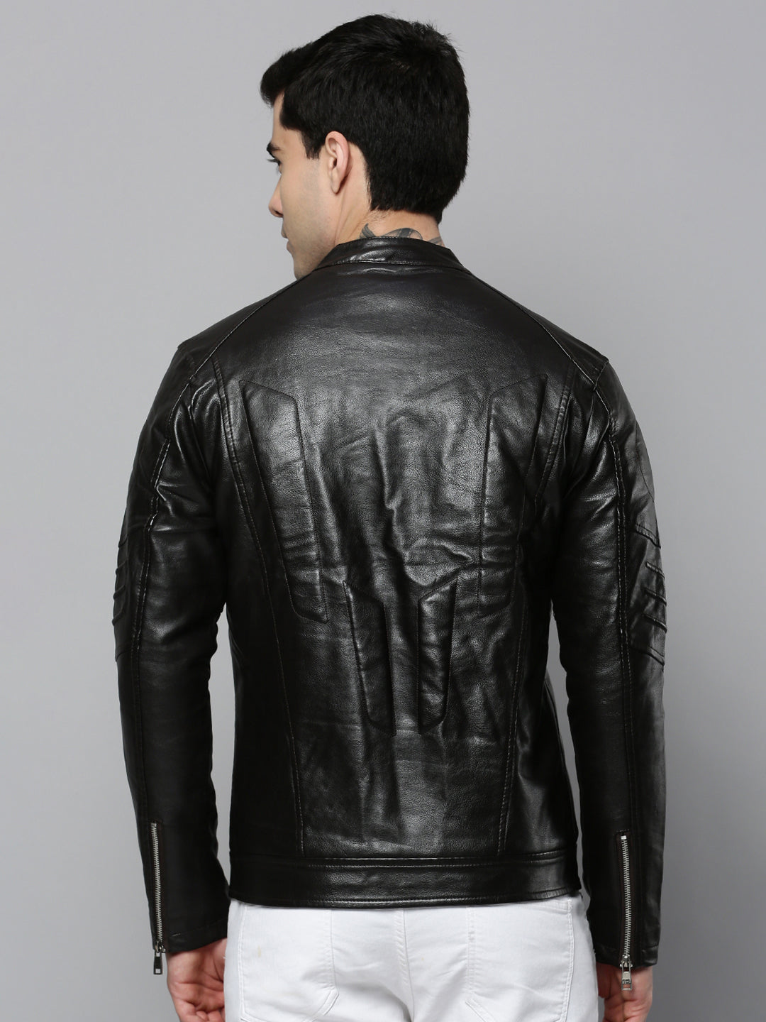 Men's Black Solid Leather Jacket