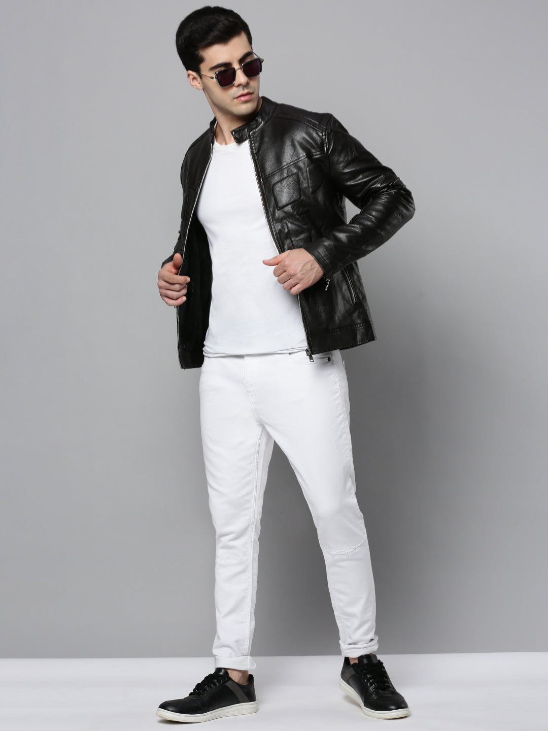 Men's Black Solid Leather Jacket