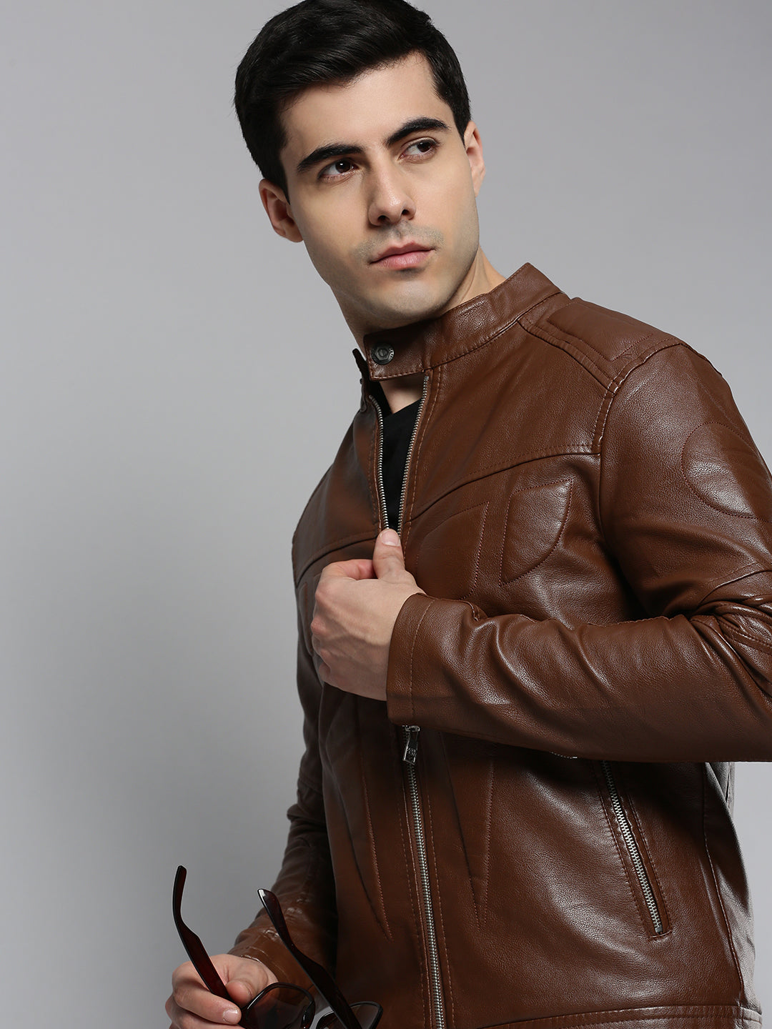 Men's Brown Solid Leather Jacket