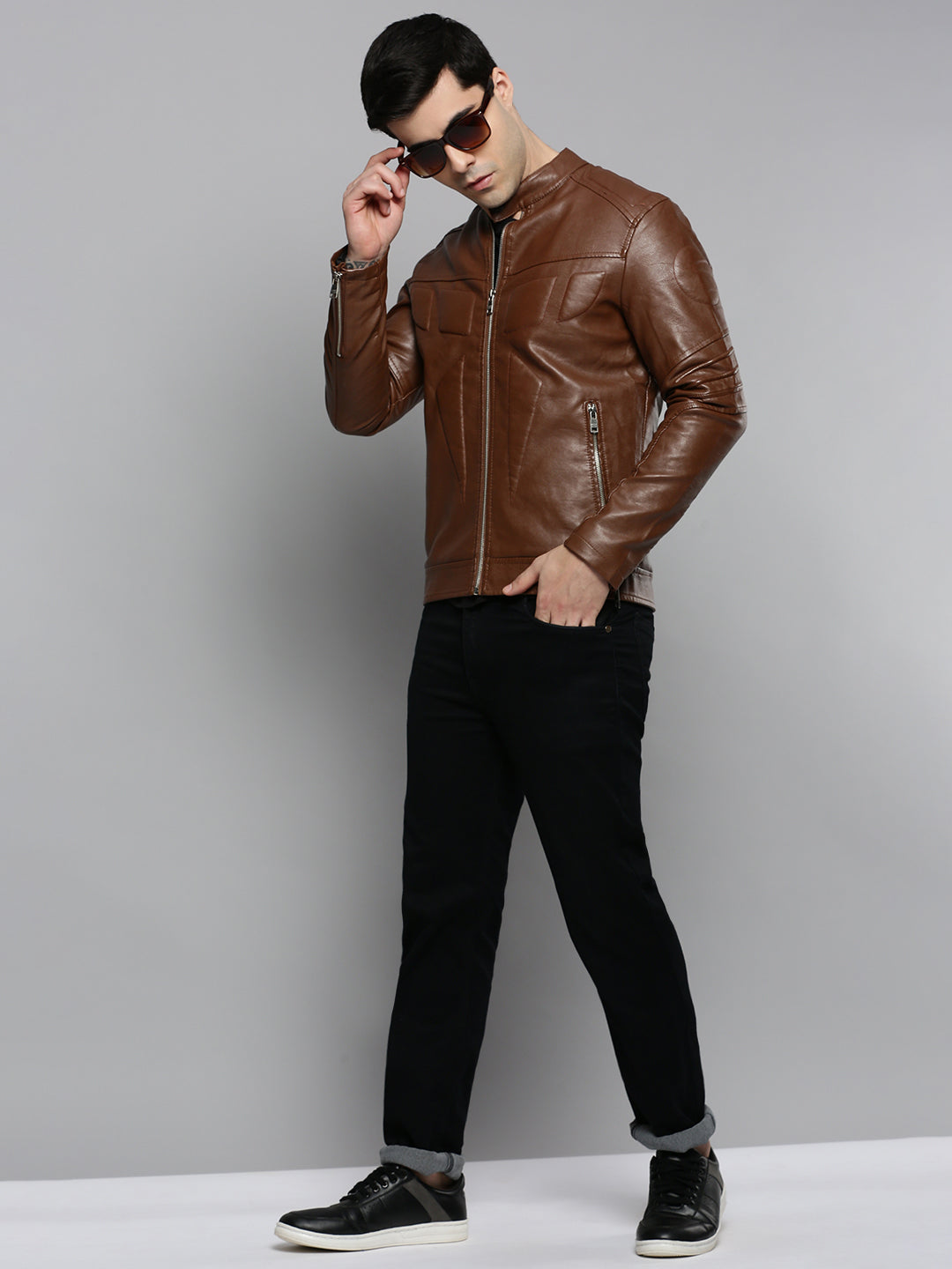 Men's Brown Solid Leather Jacket
