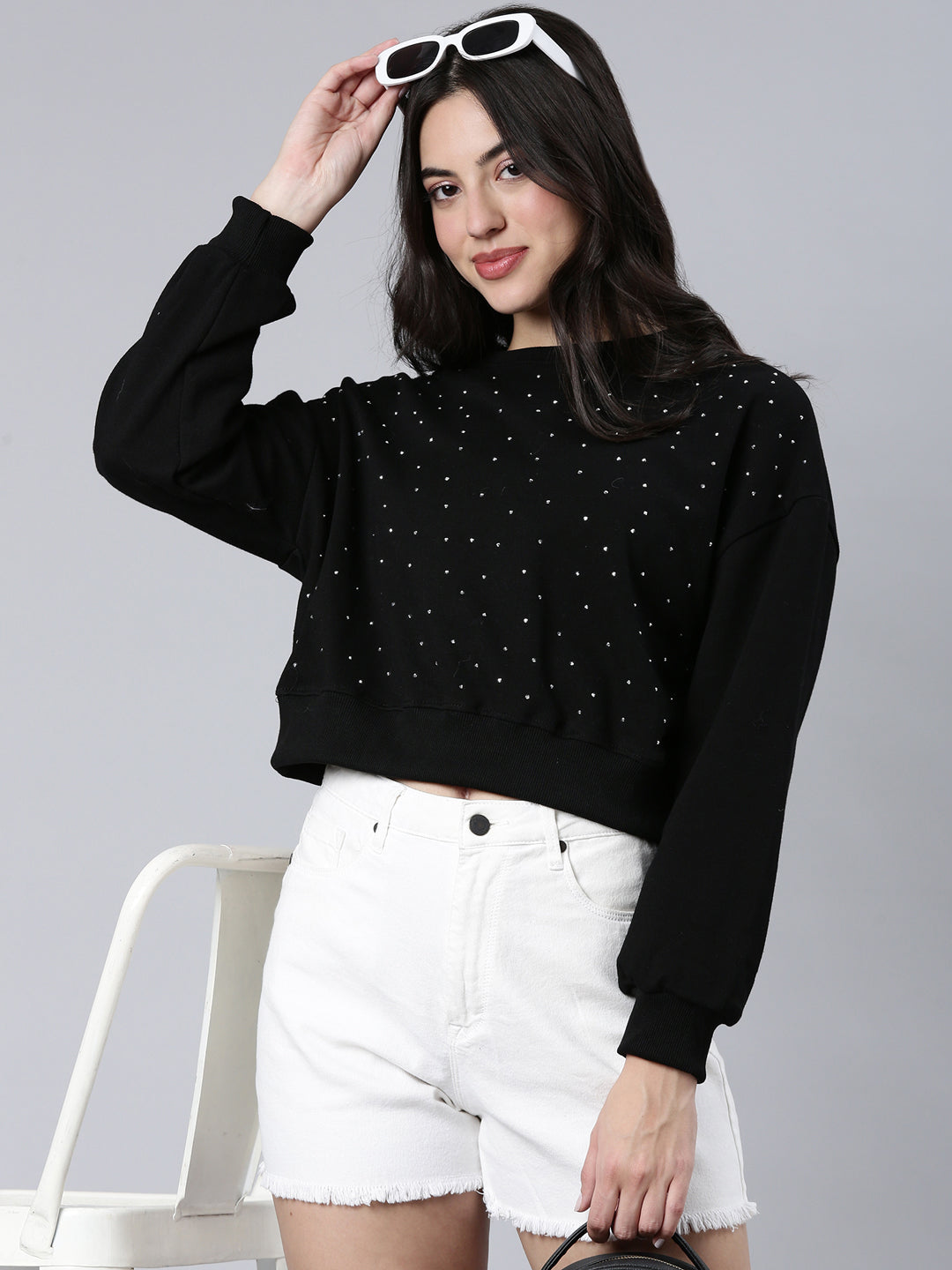 Women Self Design Black Crop Sweatshirt