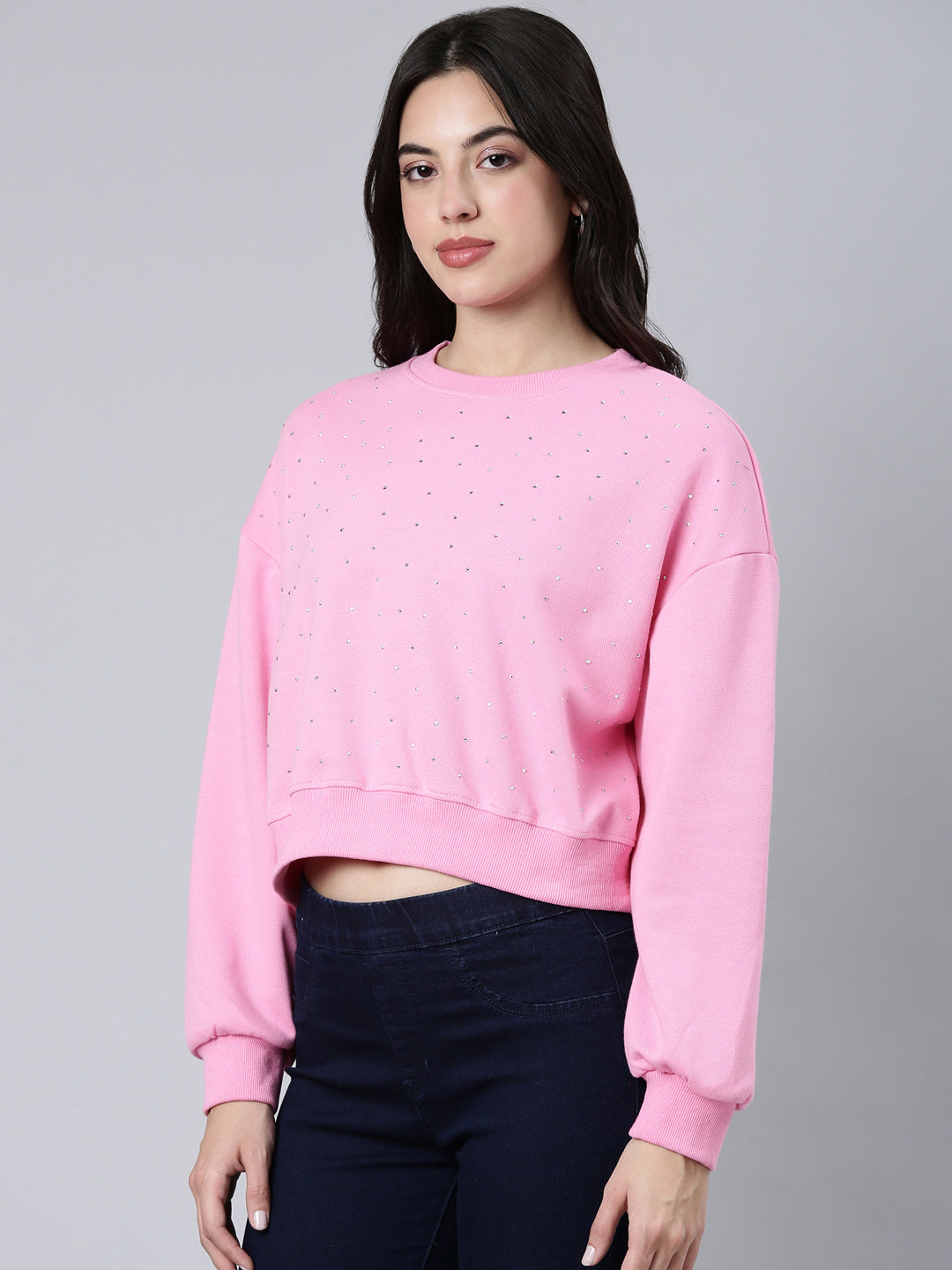 Women Self Design Pink Crop Sweatshirt