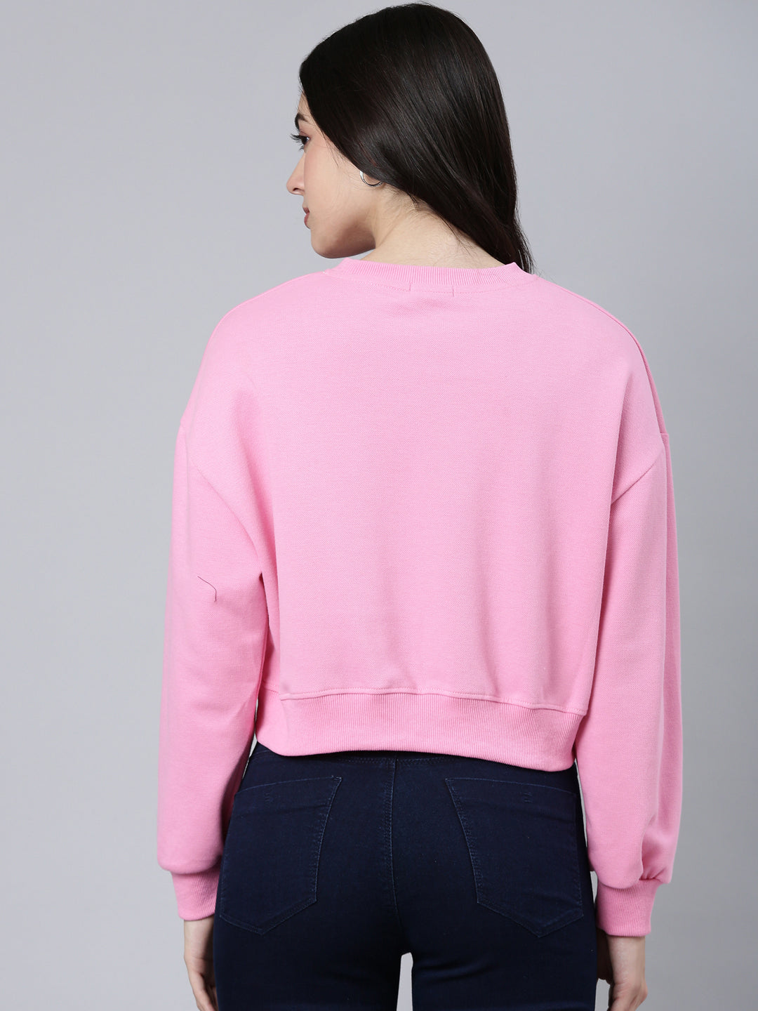 Women Self Design Pink Crop Sweatshirt