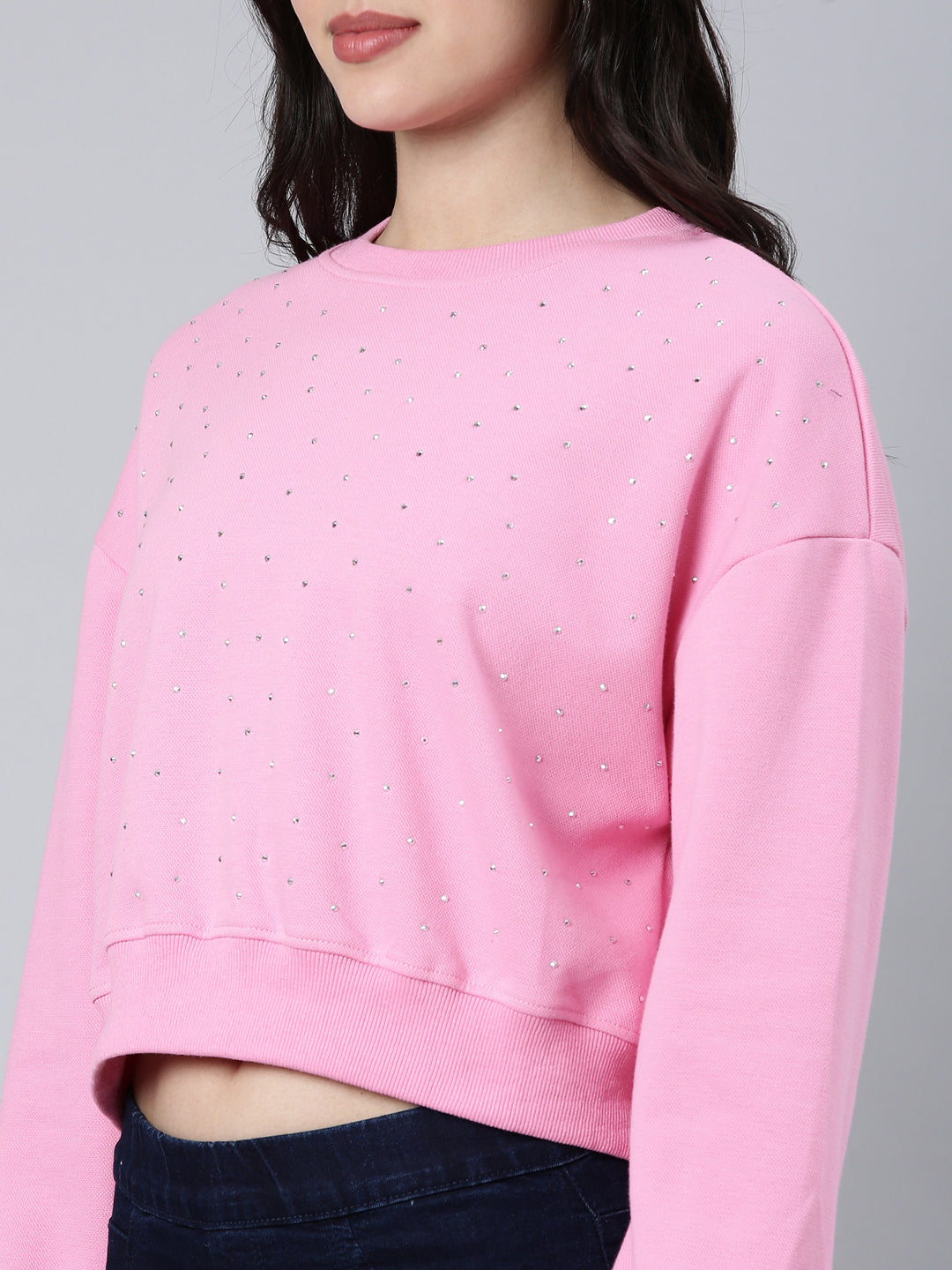 Women Self Design Pink Crop Sweatshirt