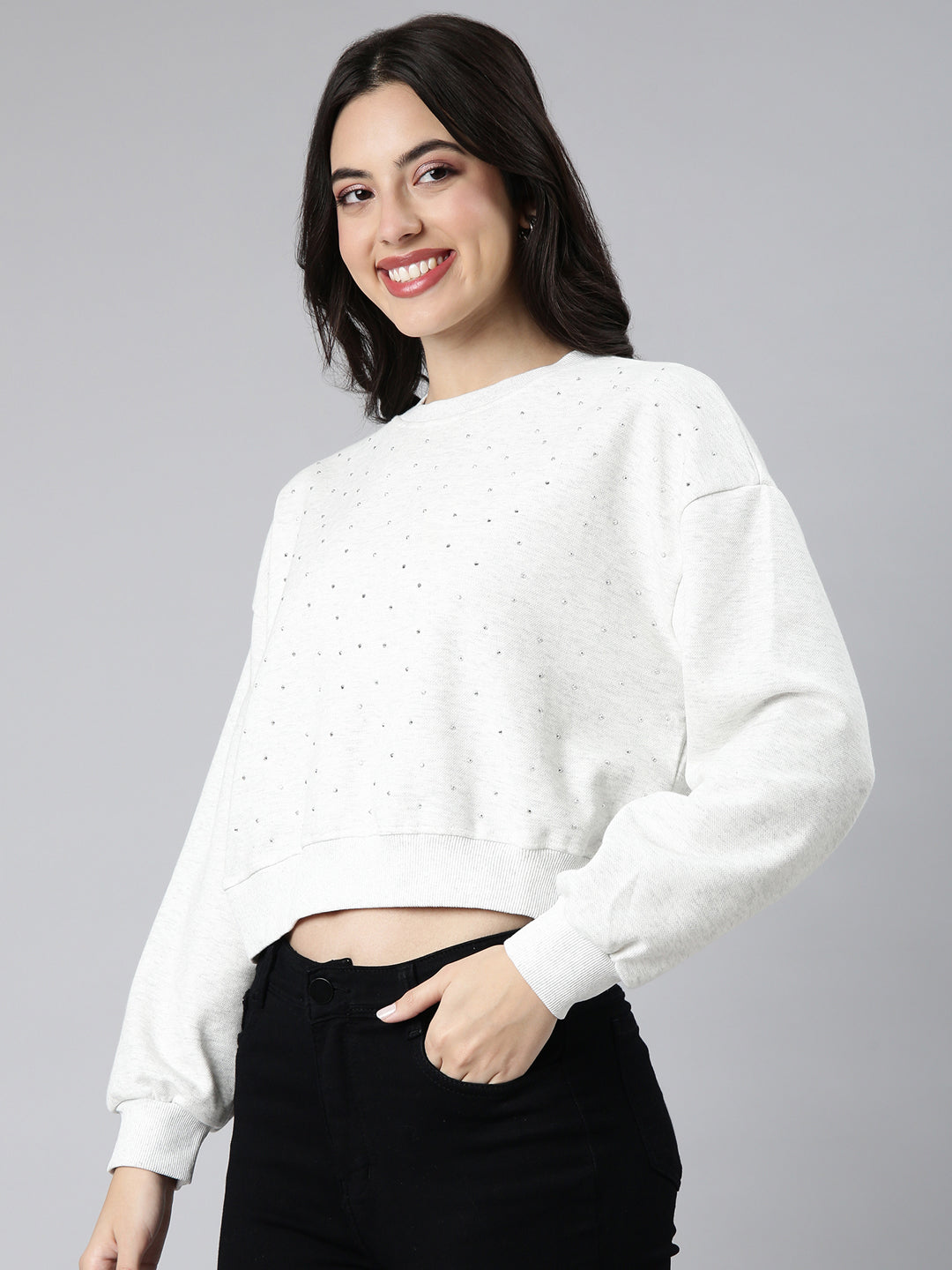 Women Self Design White Crop Sweatshirt