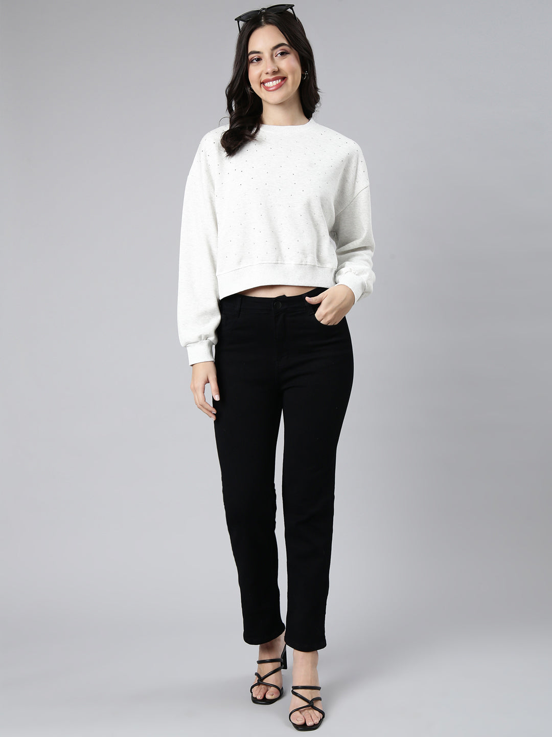 Women Self Design White Crop Sweatshirt