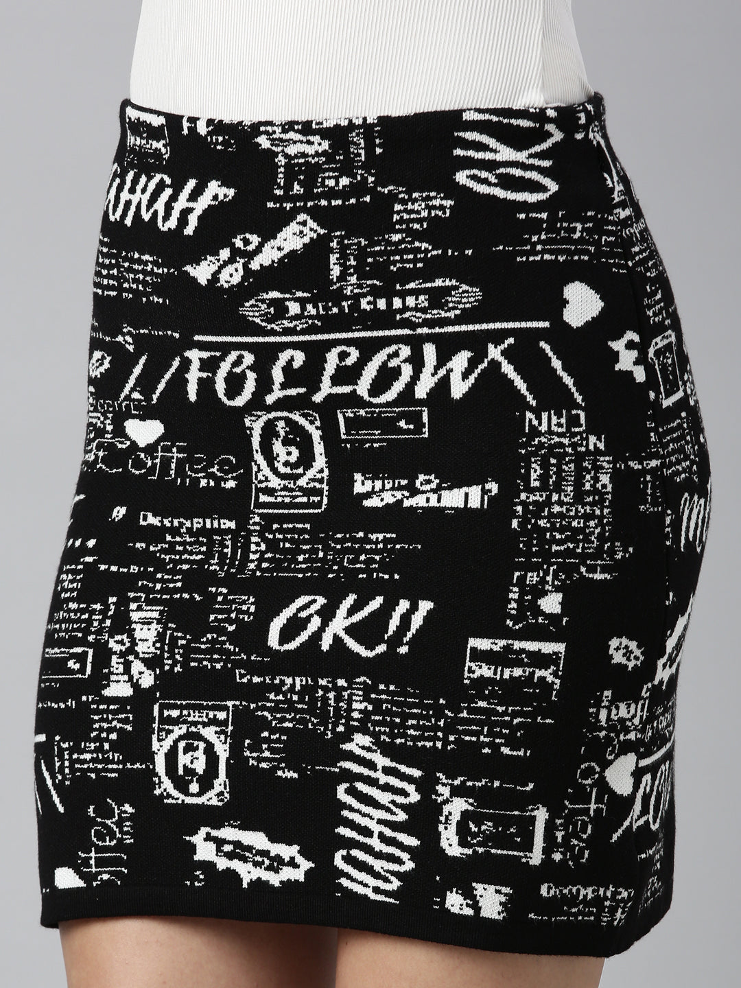 Women Abstract Black Pencil Mini Skirt