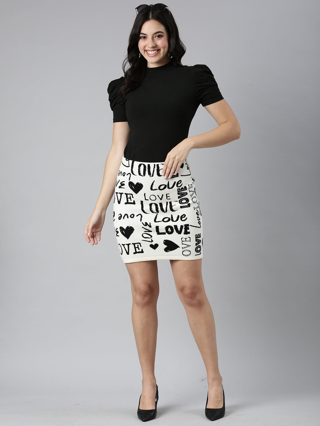 Women Self Design Black Pencil Mini Skirt