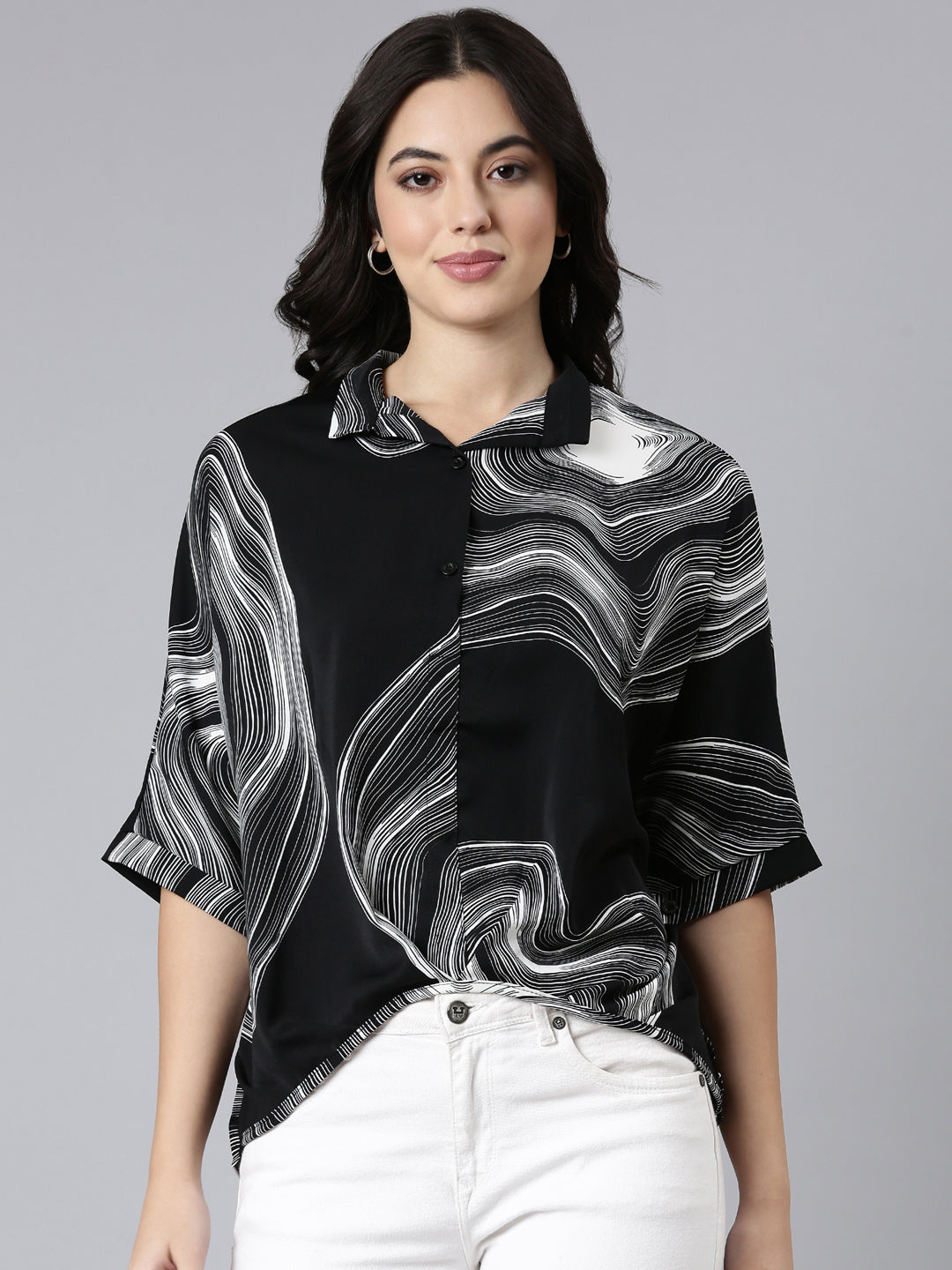 Women Abstract Shirt Style Black Over Sized Top