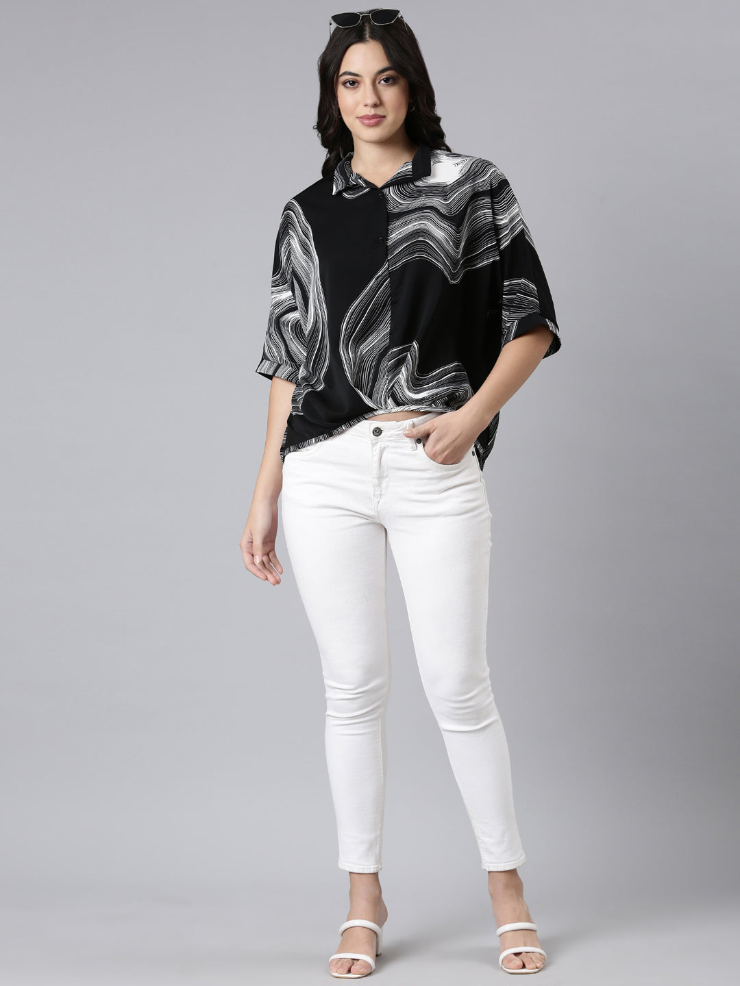 Women Abstract Shirt Style Black Over Sized Top